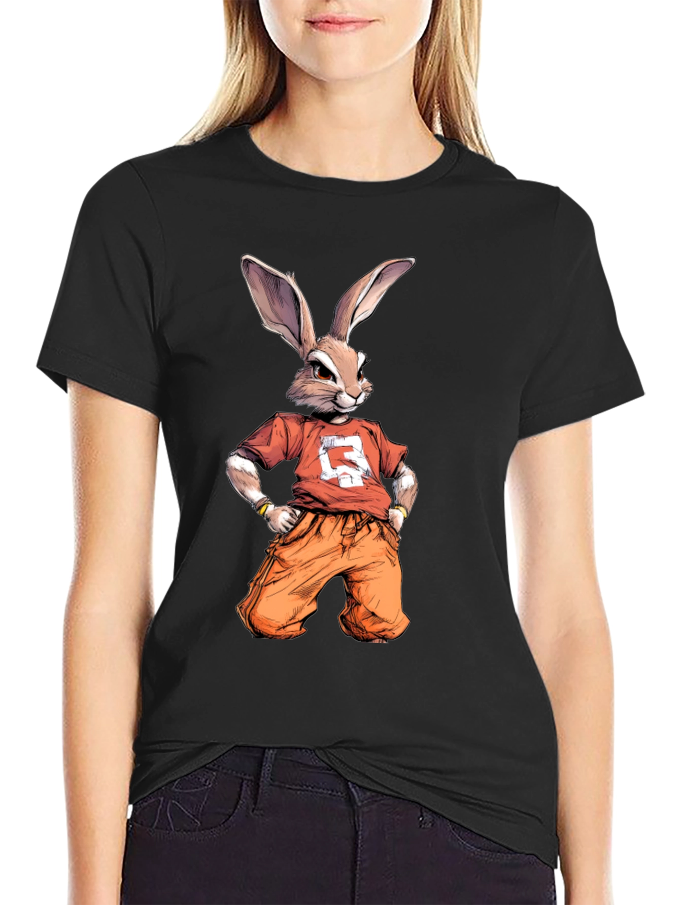 Black Cool Rabbit Graphic T-Shirt - Urban Streetwear Style view 2