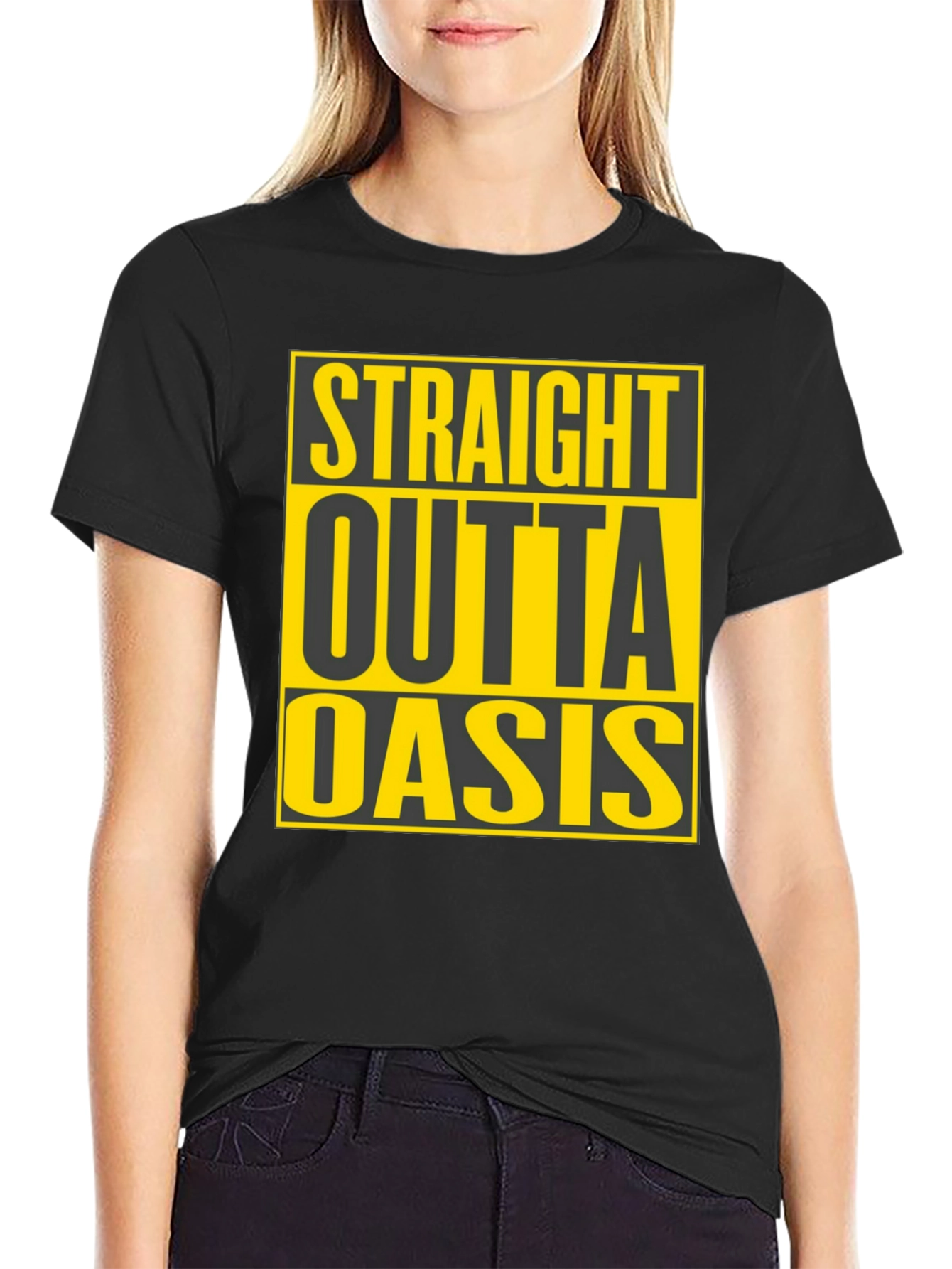 Black Straight Outta Oasis T-Shirt - Black Crew Neck Tee view 2