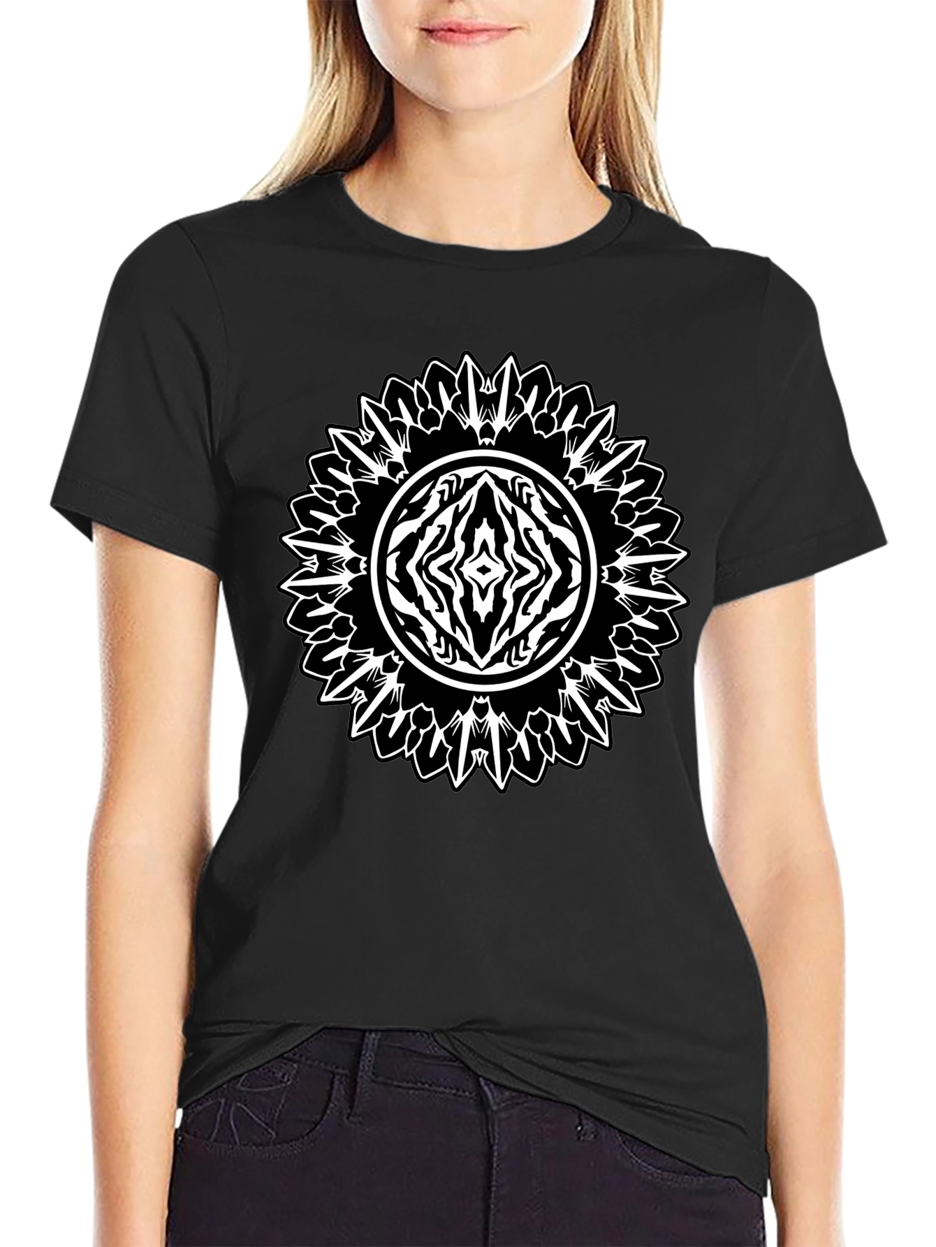 Black Geometric Mandala Graphic Tee - Black Cotton Casual Shirt view 2