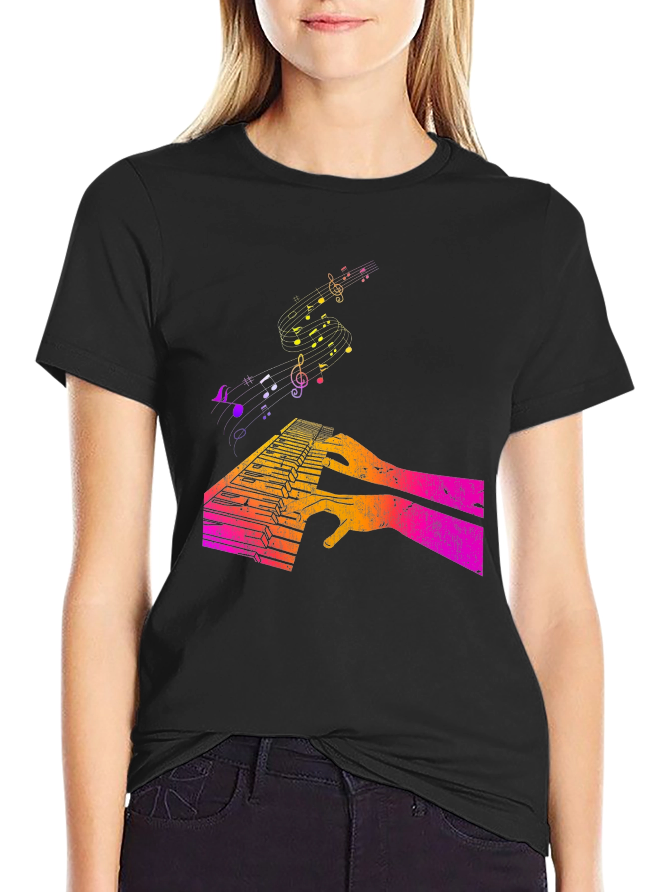 Black Piano Keys & Music Notes Graphic T-Shirt view 2