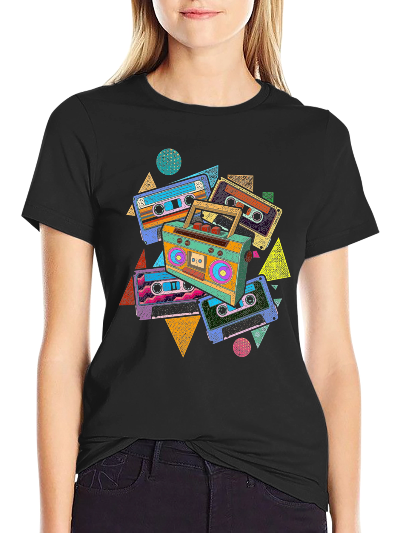 Black Retro Cassette T-Shirt - Vintage Boombox Graphic Tee view 2