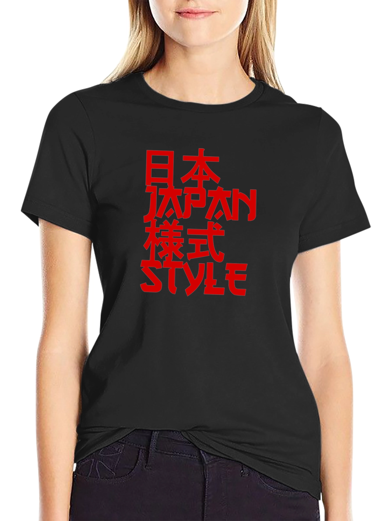 Japanese Style Red Print Black T-Shirt - 2
