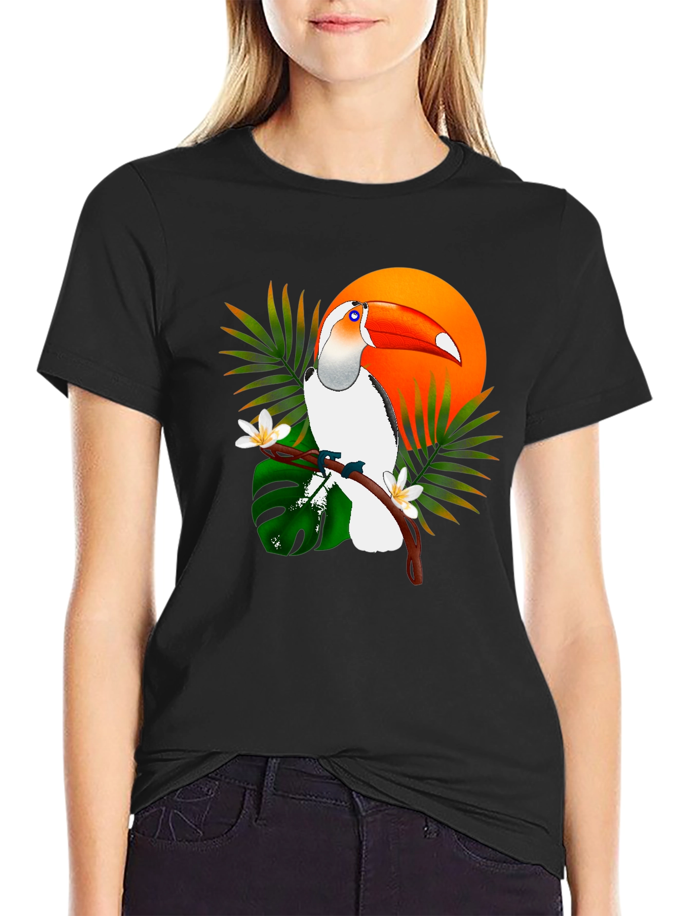 Black Tropical Toucan Graphic Tee - Black Cotton T-Shirt view 2