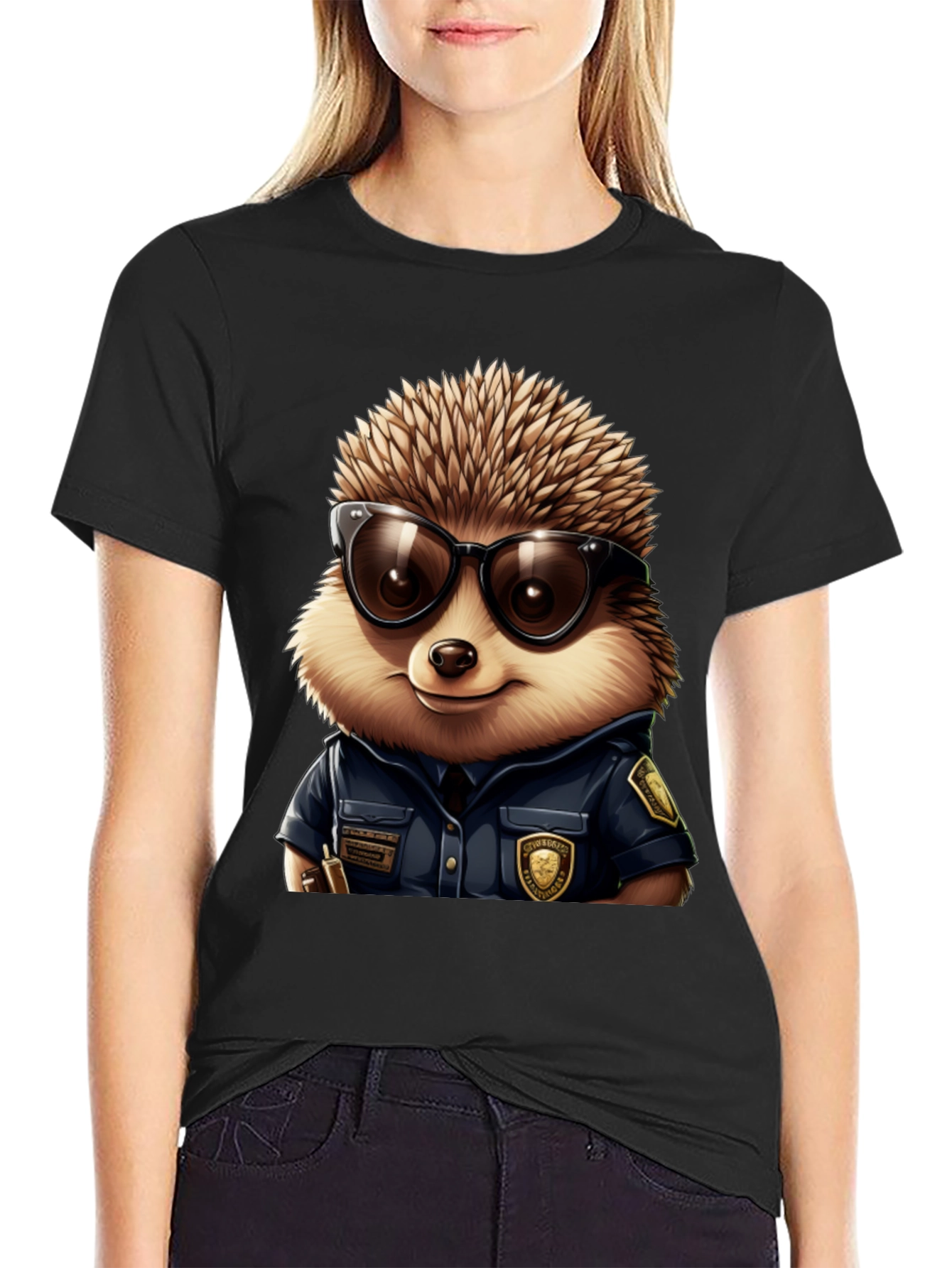 Black Cool Hedgehog Police T-Shirt view 2