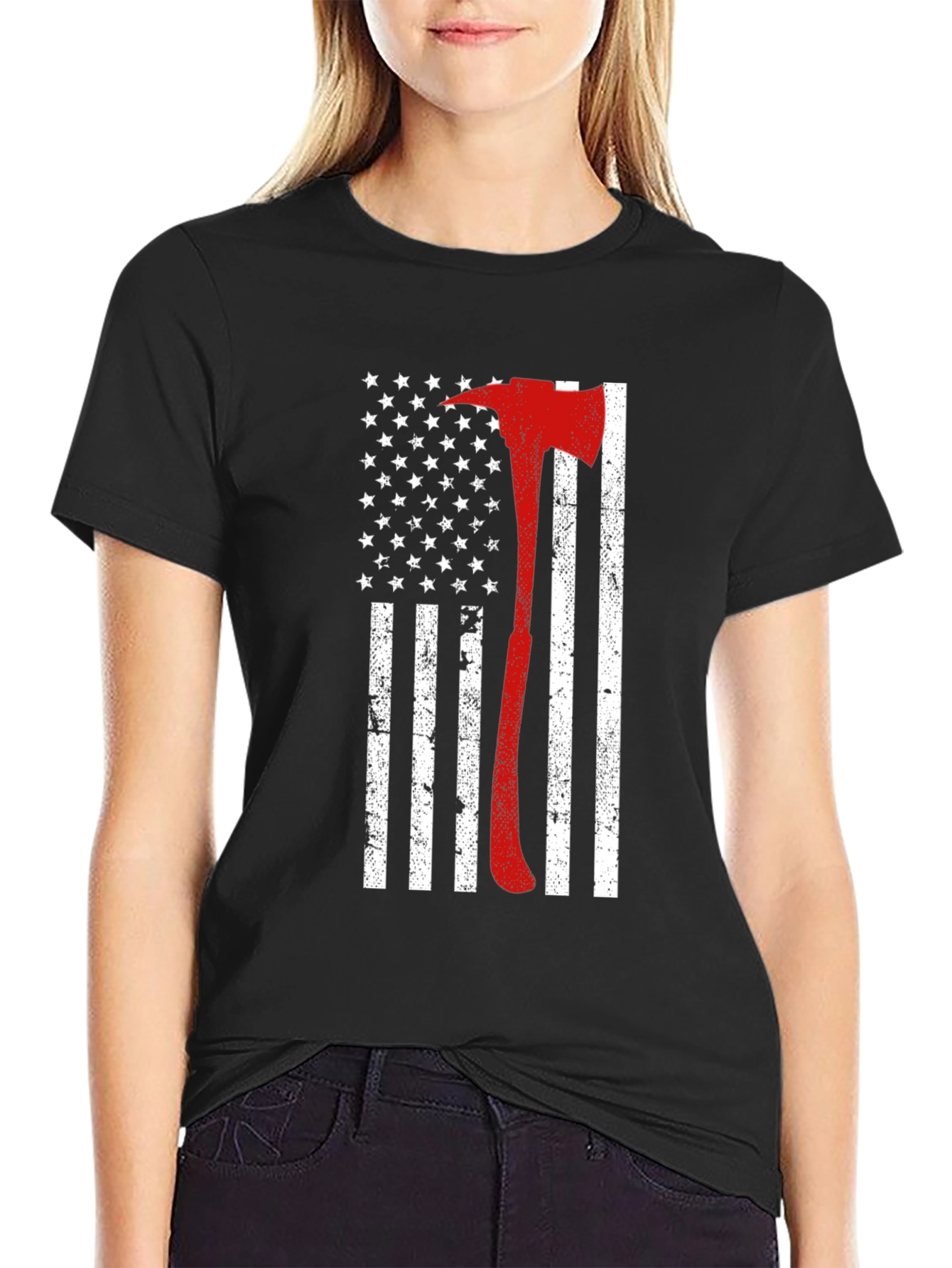 Black Firefighter Axe USA Flag T-Shirt view 2