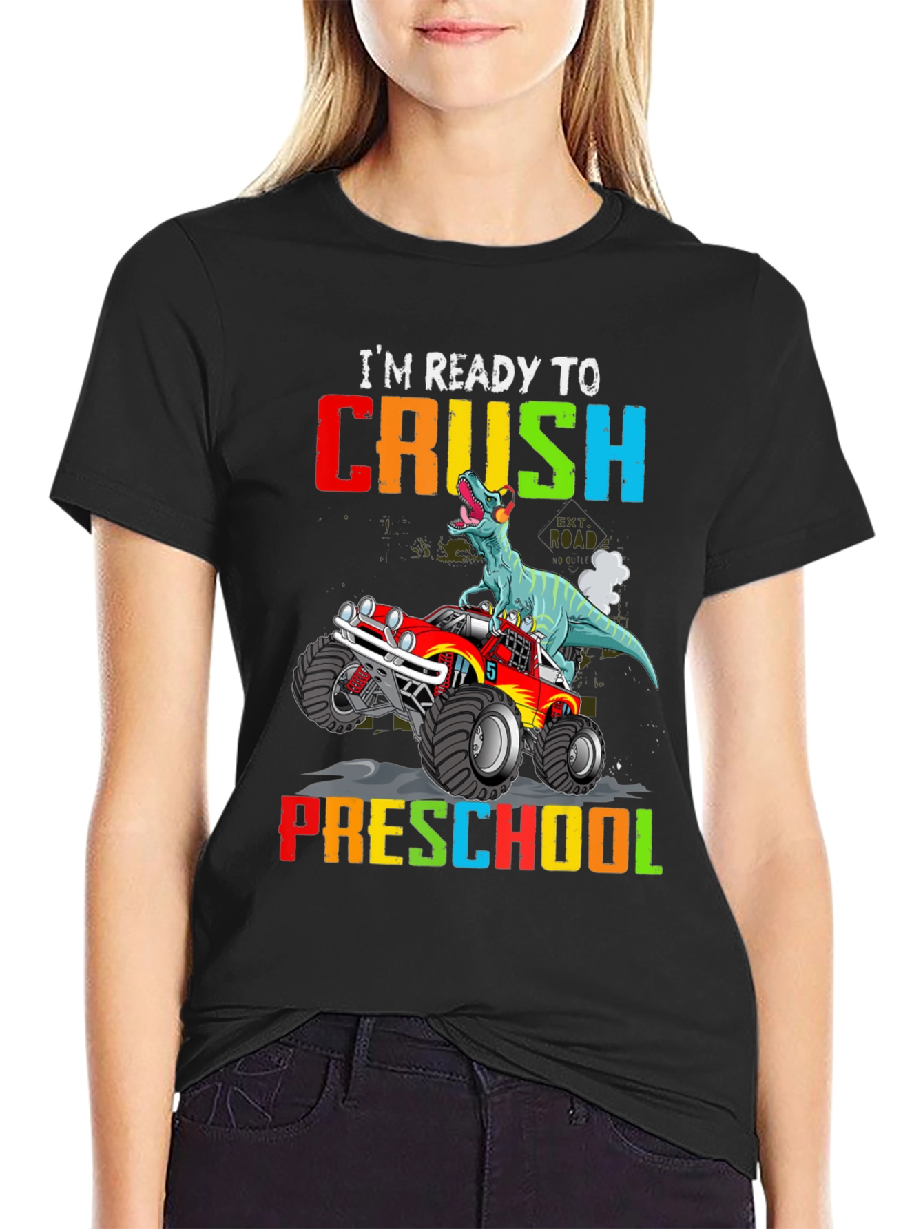 Black Ready to Crush Preschool Dinosaur Monster Truck T-Shirt view 2