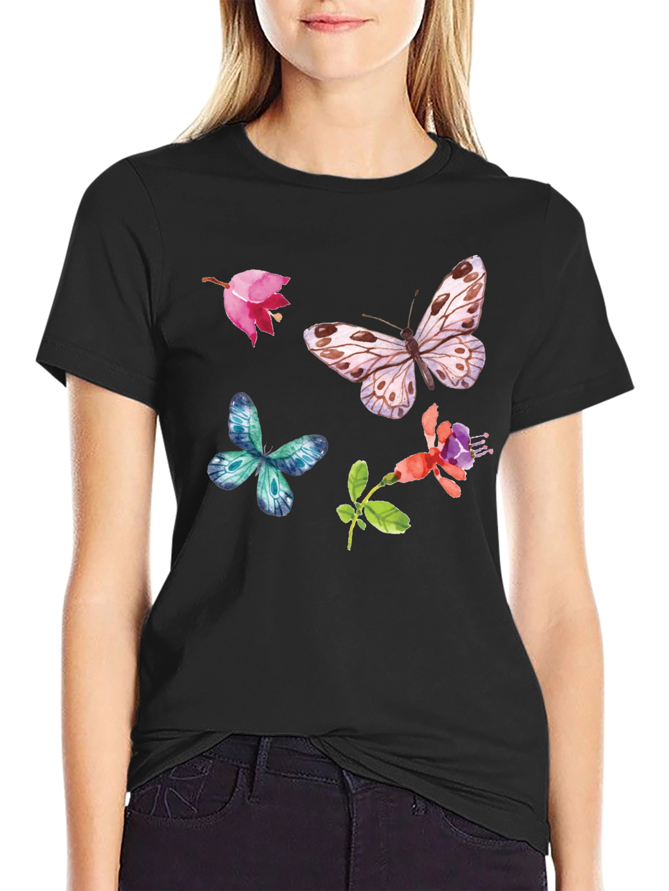 Black Floral Butterfly Graphic Tee - Black Casual Top view 2