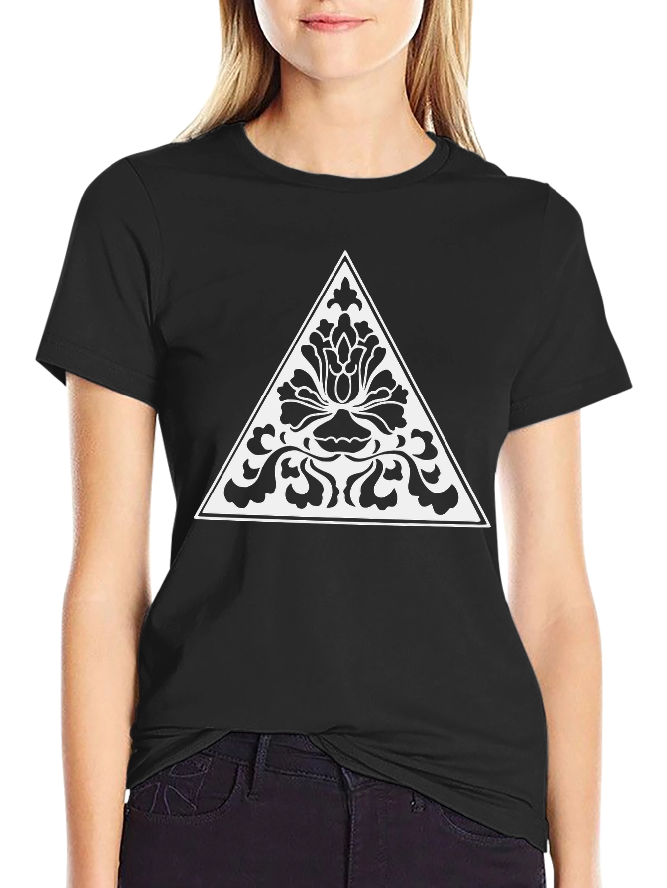 Black Black T-Shirt with Floral Triangle Print view 2