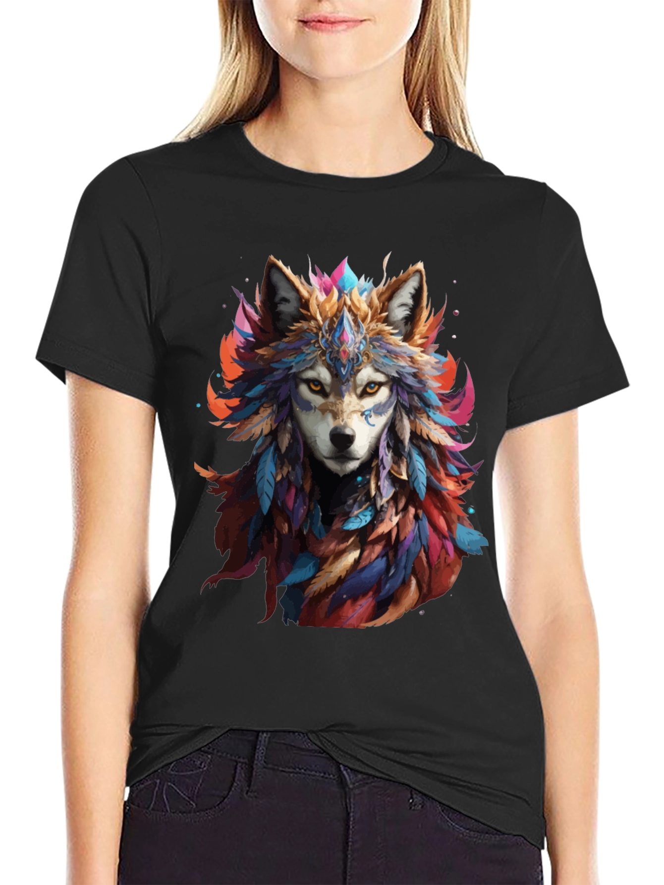 Black Wolf Feather Headdress Graphic Black T-Shirt view 2