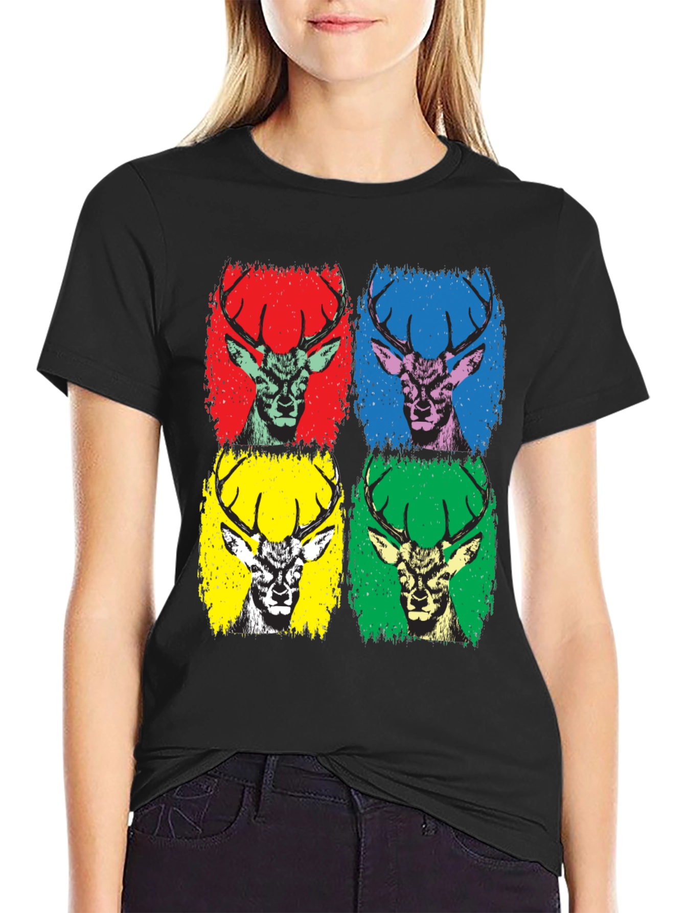Black Pop Art Deer Graphic Tee - Black Cotton T-Shirt view 2