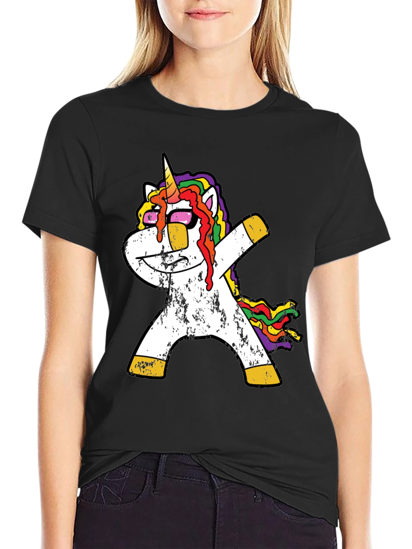 Black Dabbing Unicorn Graphic Tee - Black Casual T-Shirt view 2