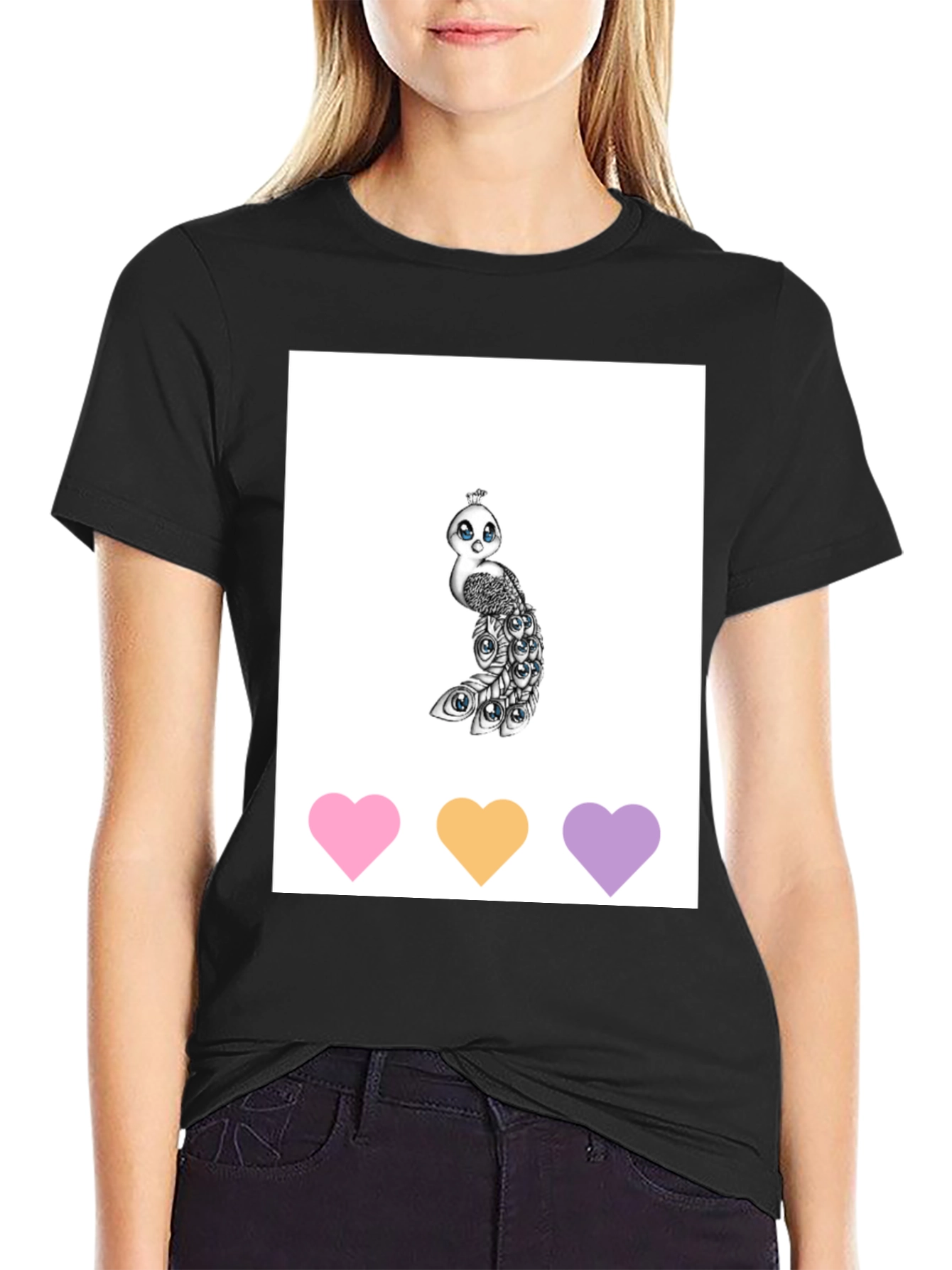 Black Cute Peacock Graphic Tee - Unisex Black T-Shirt view 2