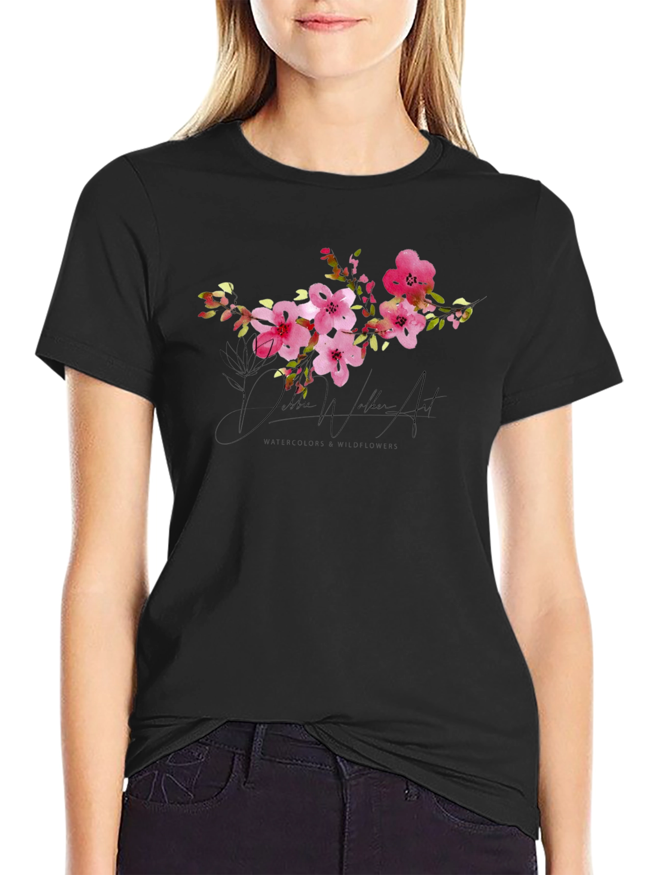 Black Floral Watercolor Art T-Shirt - Unique Design view 2
