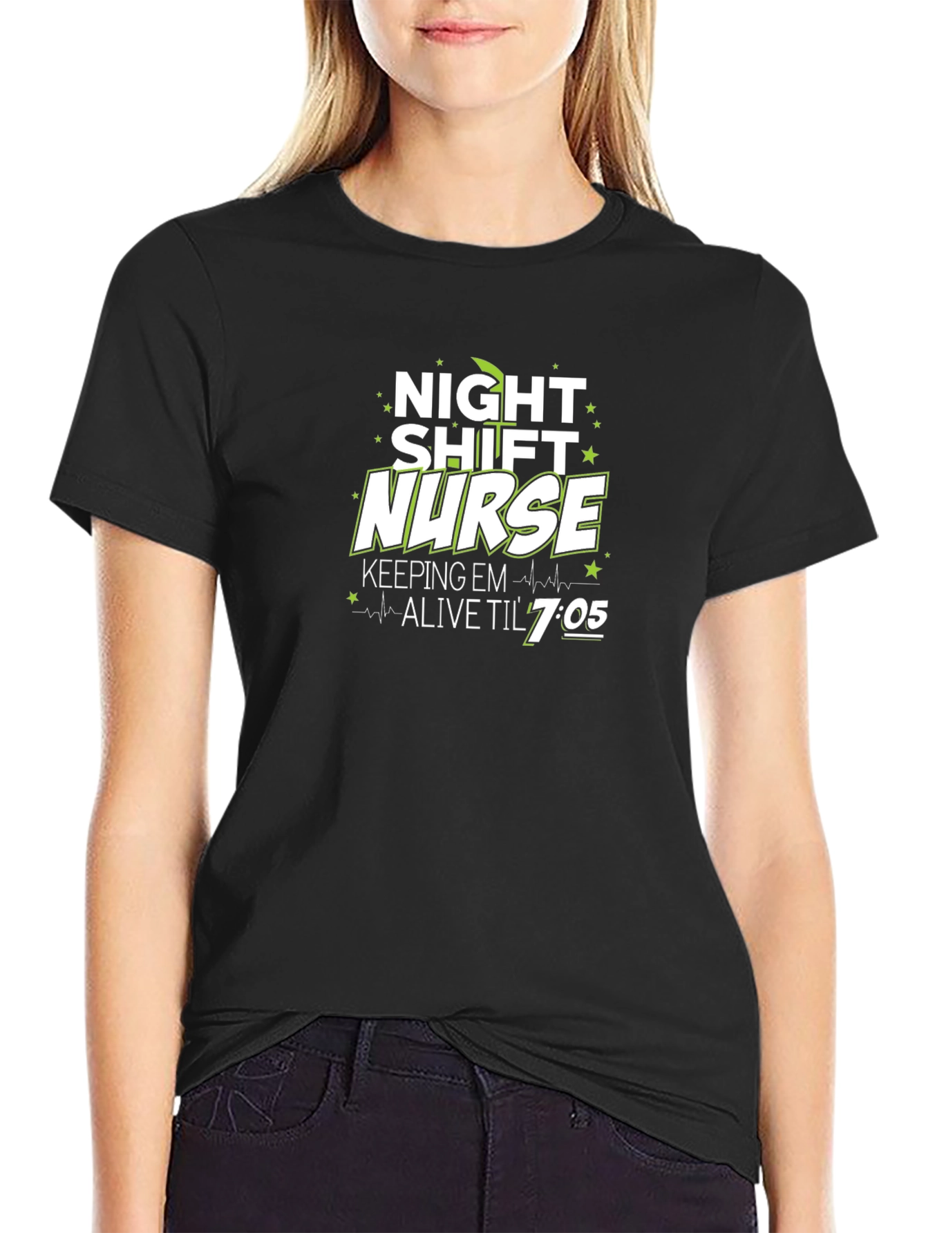 Black Night Shift Nurse T-Shirt - Keeping Em Alive 'Til 7:05! view 2