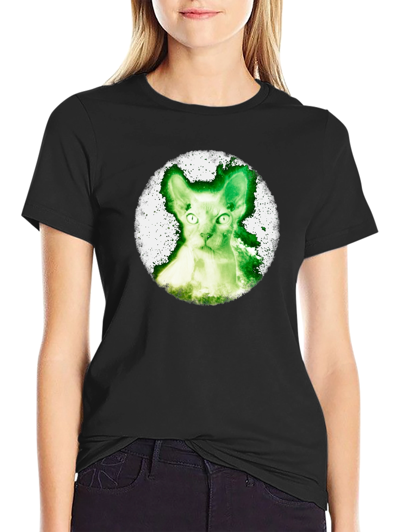 Black Green Cat Graphic Tee - Black Cotton Shirt view 2