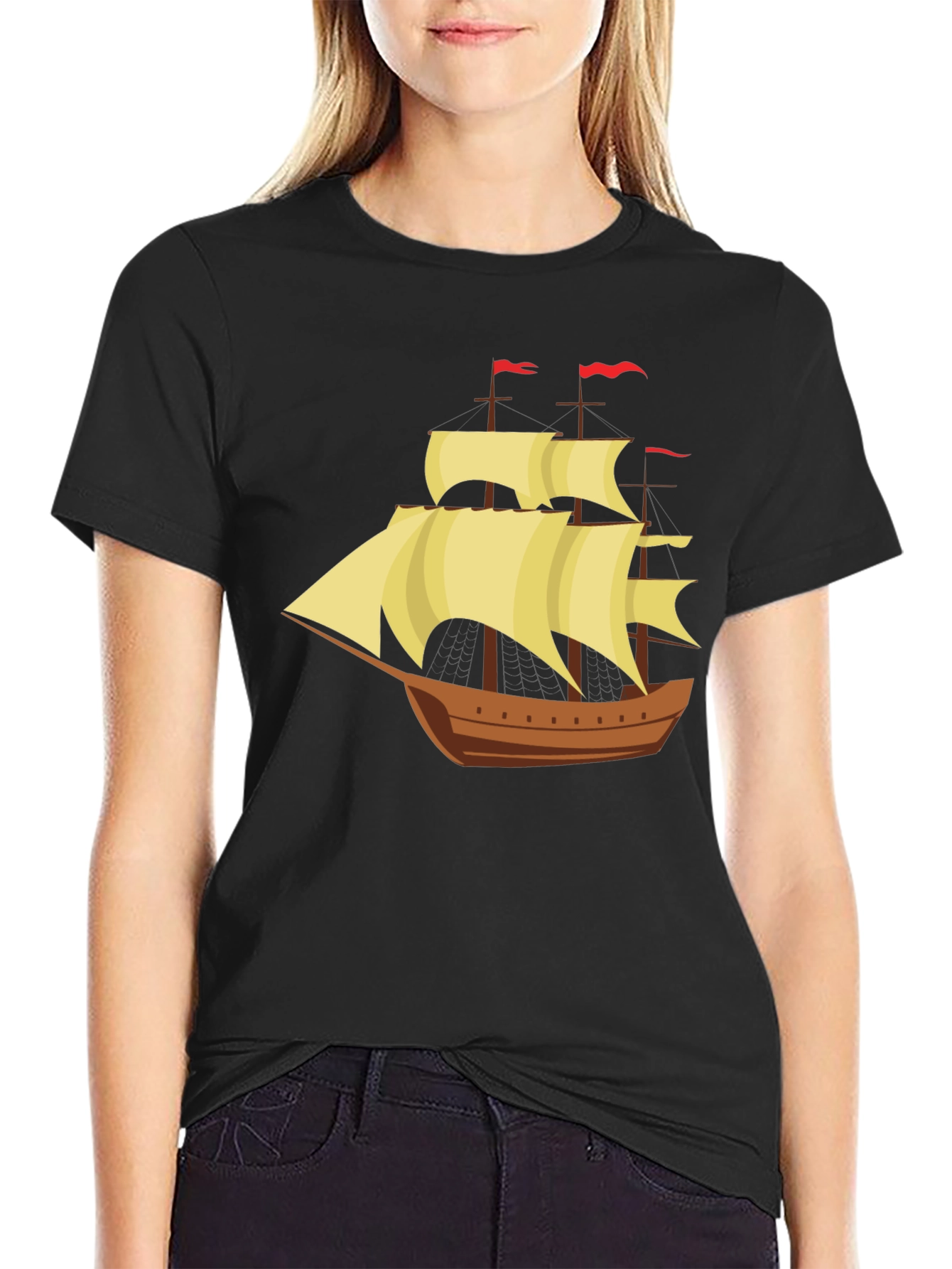 Black Vintage Sailing Ship Graphic Tee - Black Cotton T-Shirt view 2