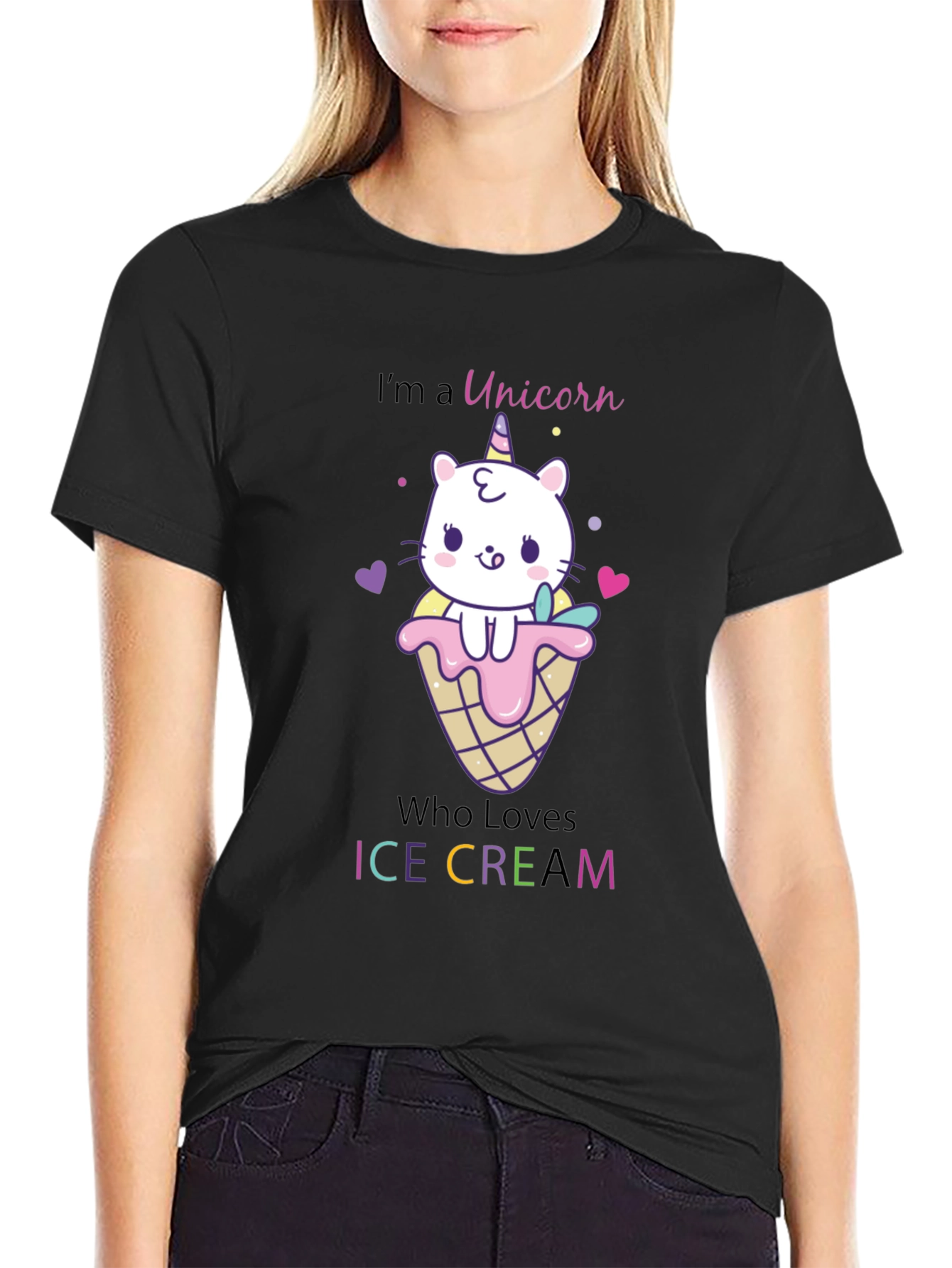 Black Unicorn Cat Ice Cream Graphic T-Shirt view 2