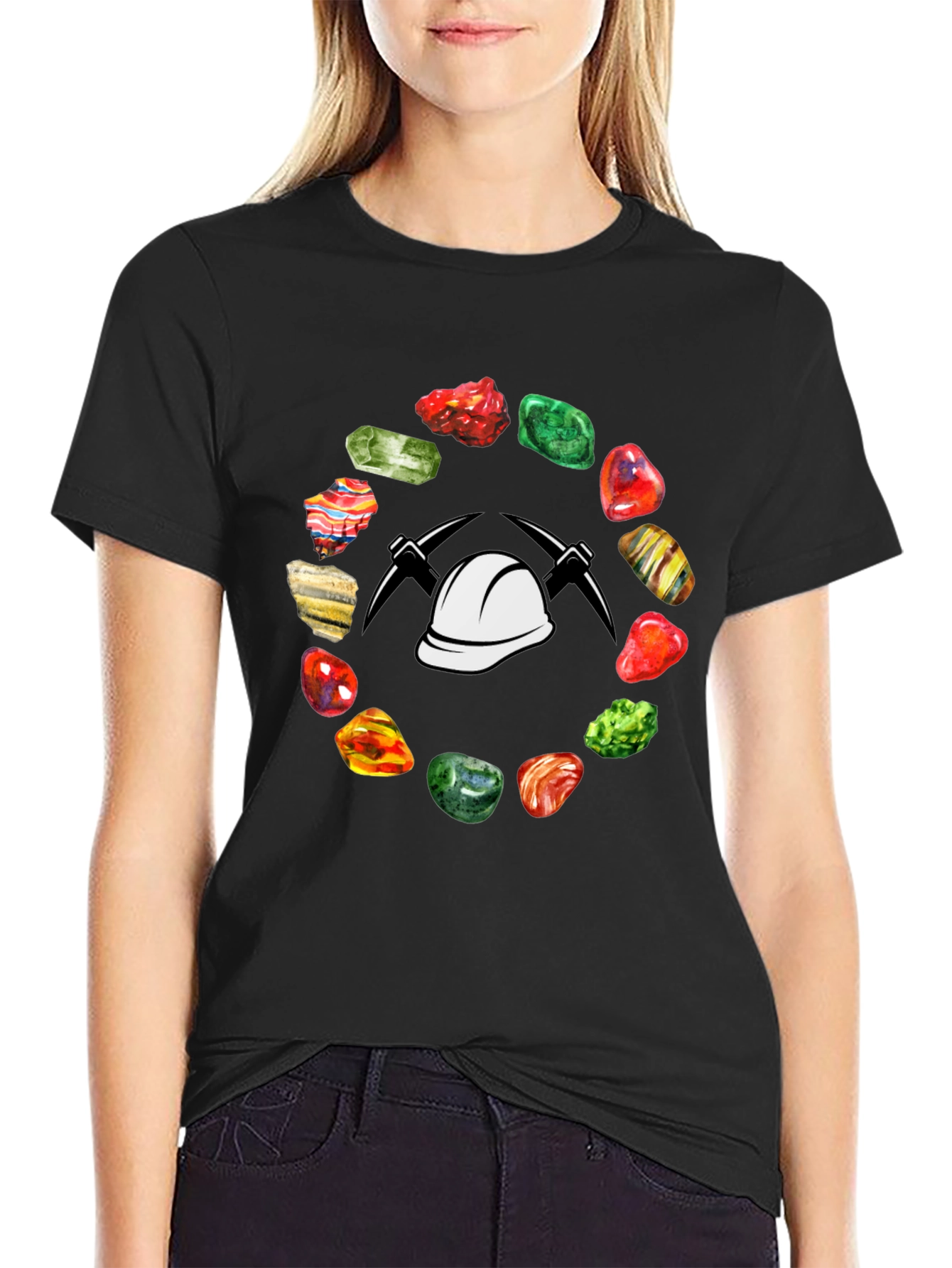 Black Miner T-Shirt: Gemstone Circle with Hard Hat & Pickaxes view 2
