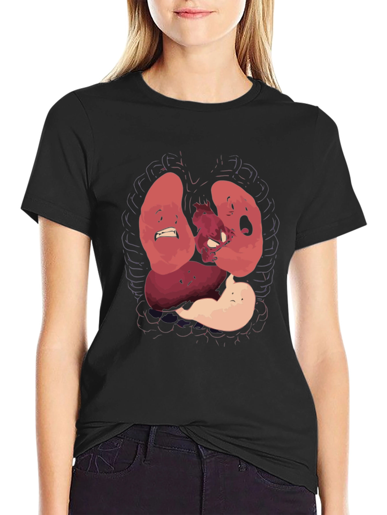 Black Anatomical T-Shirt Funny Organs Cartoon Tee view 2