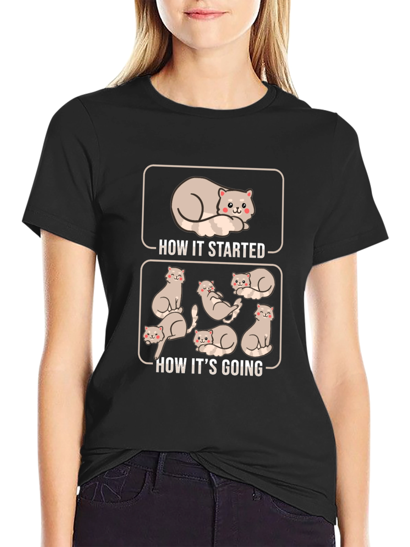 Black Funny Cat T-Shirt - How It Started, How It's Going view 2