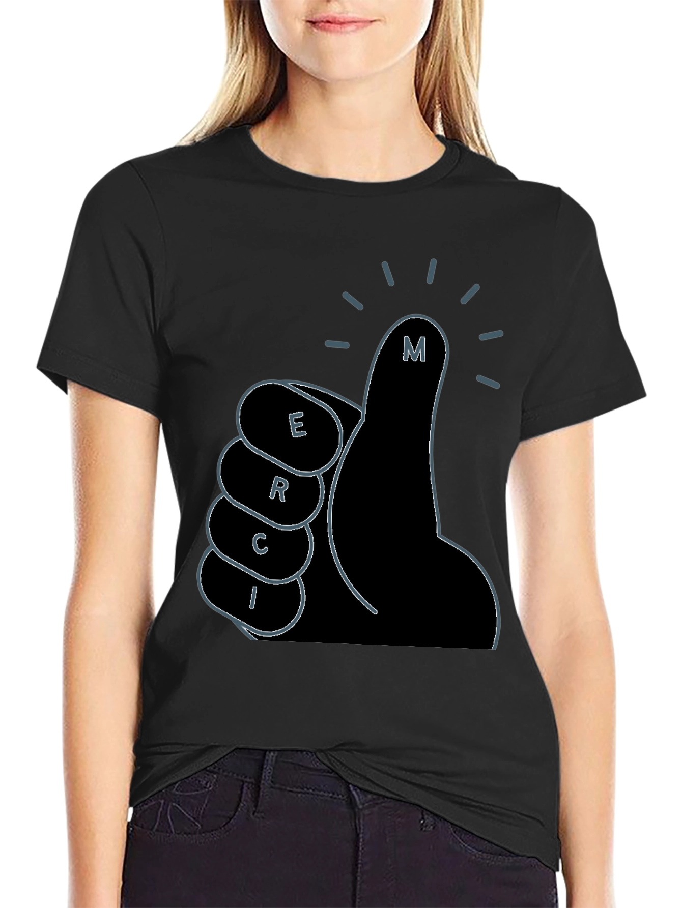 Black Merci Thumbs Up Graphic Tee - Black Cotton T-Shirt view 2