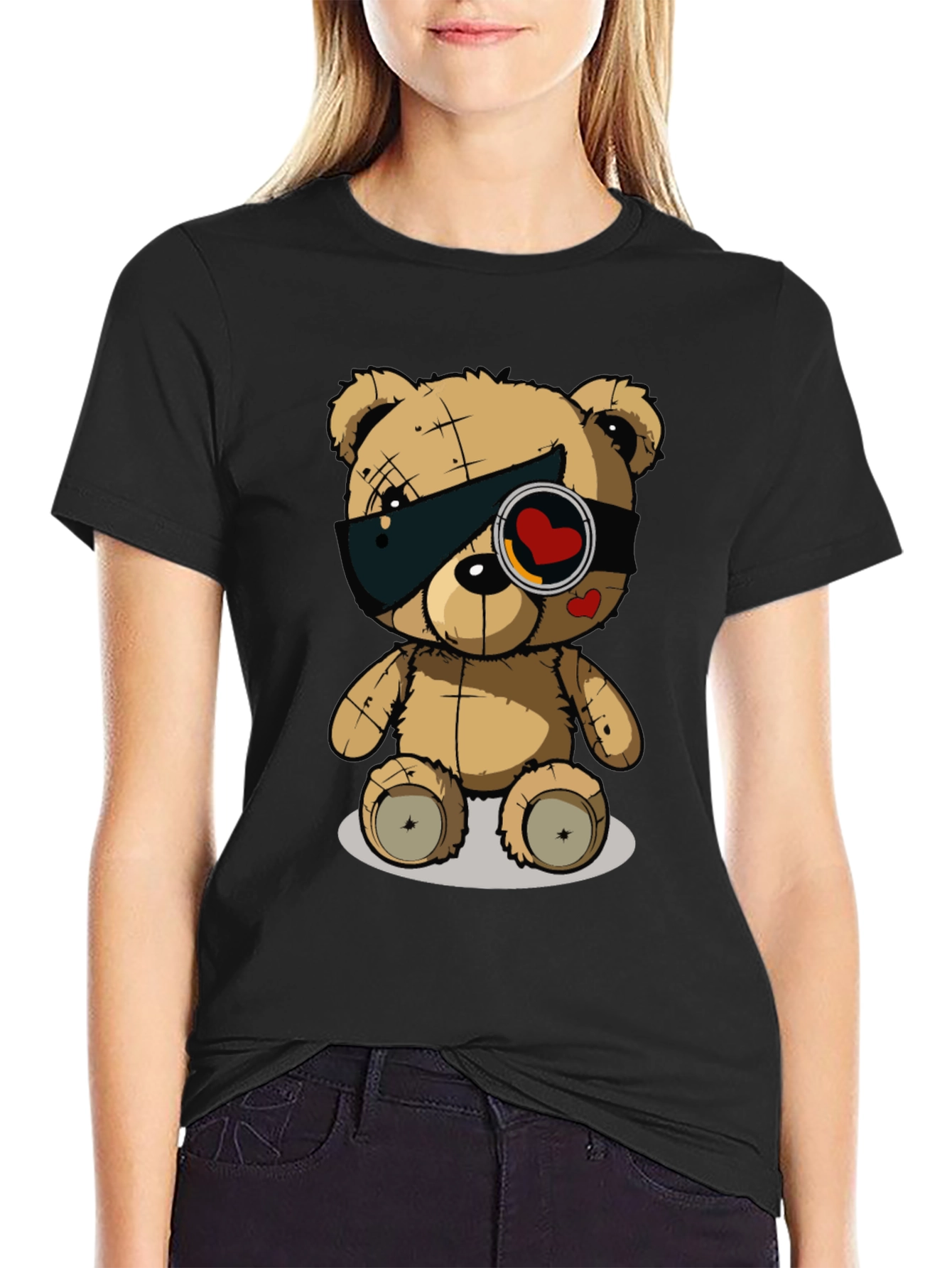 Black Trendy Black T-Shirt with Graphic Teddy Bear Design view 2