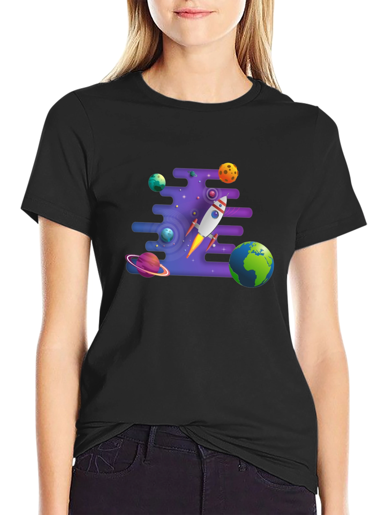 Black Space Rocket & Planets Graphic T-Shirt view 2