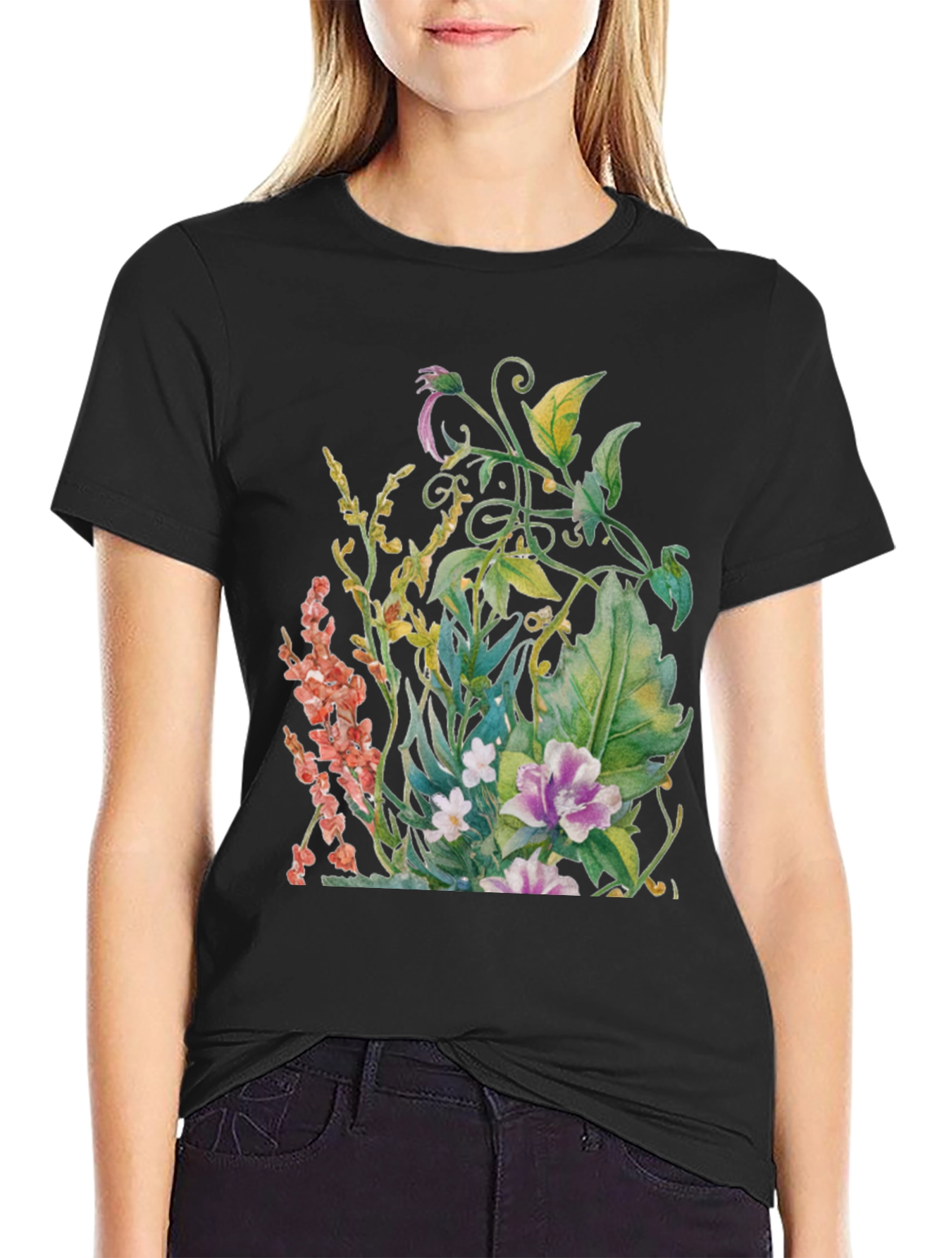 Black Floral Garden Watercolor Black T-Shirt view 2