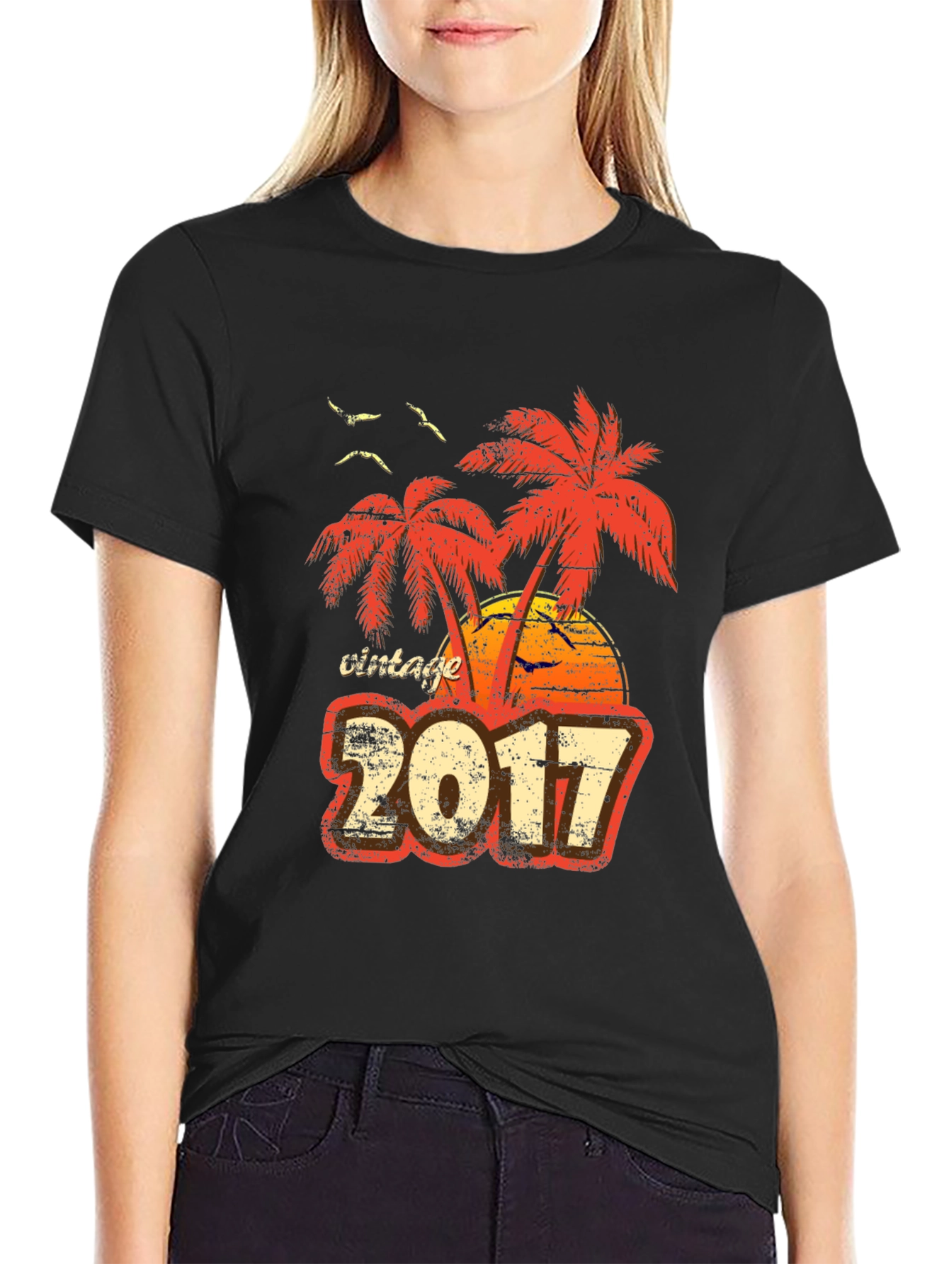 Black Vintage 2017 Palm Tree Sunset T-Shirt view 2