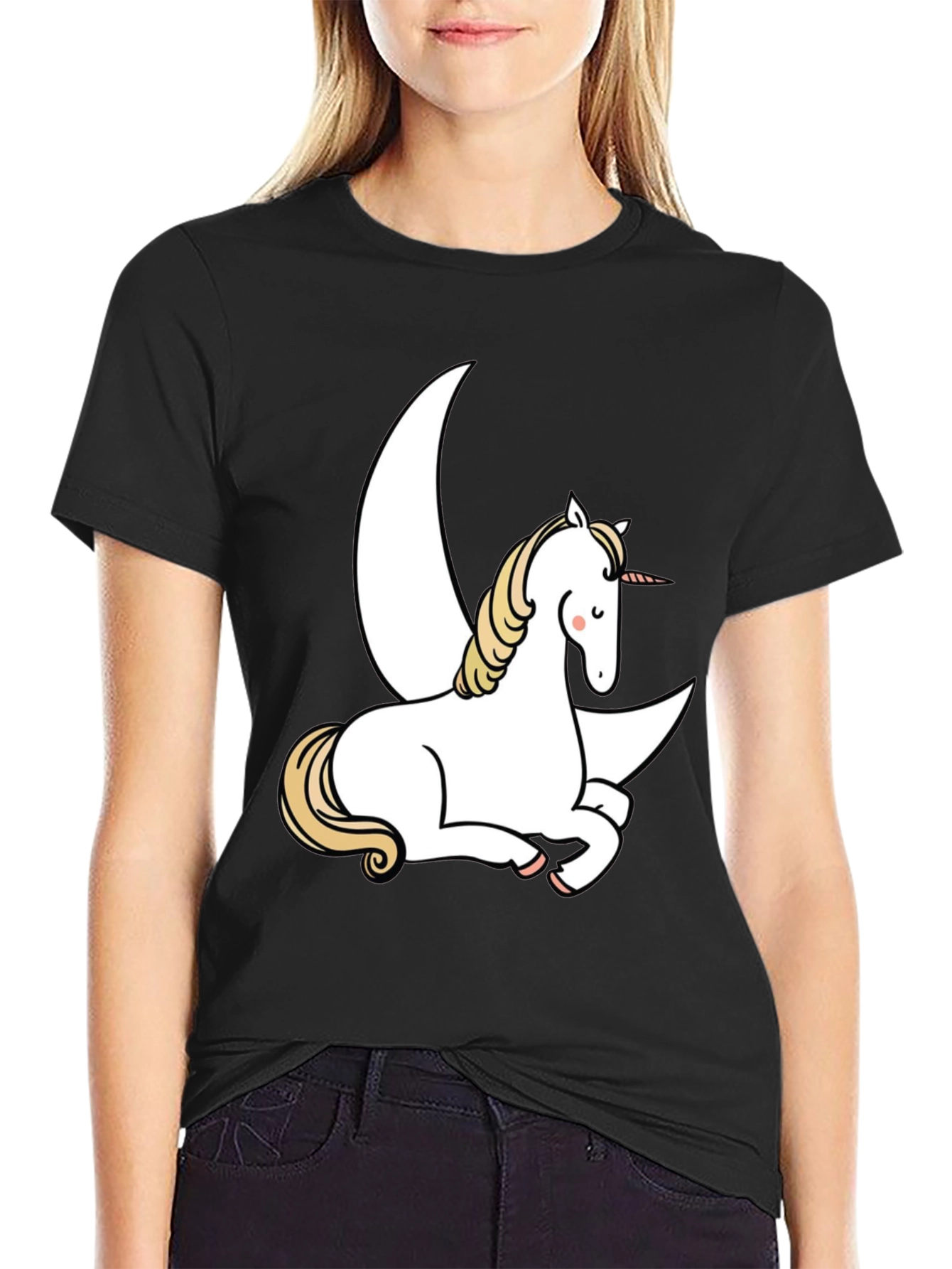 Black Unicorn Moon Graphic Tee - Black Cotton Blend Shirt view 2