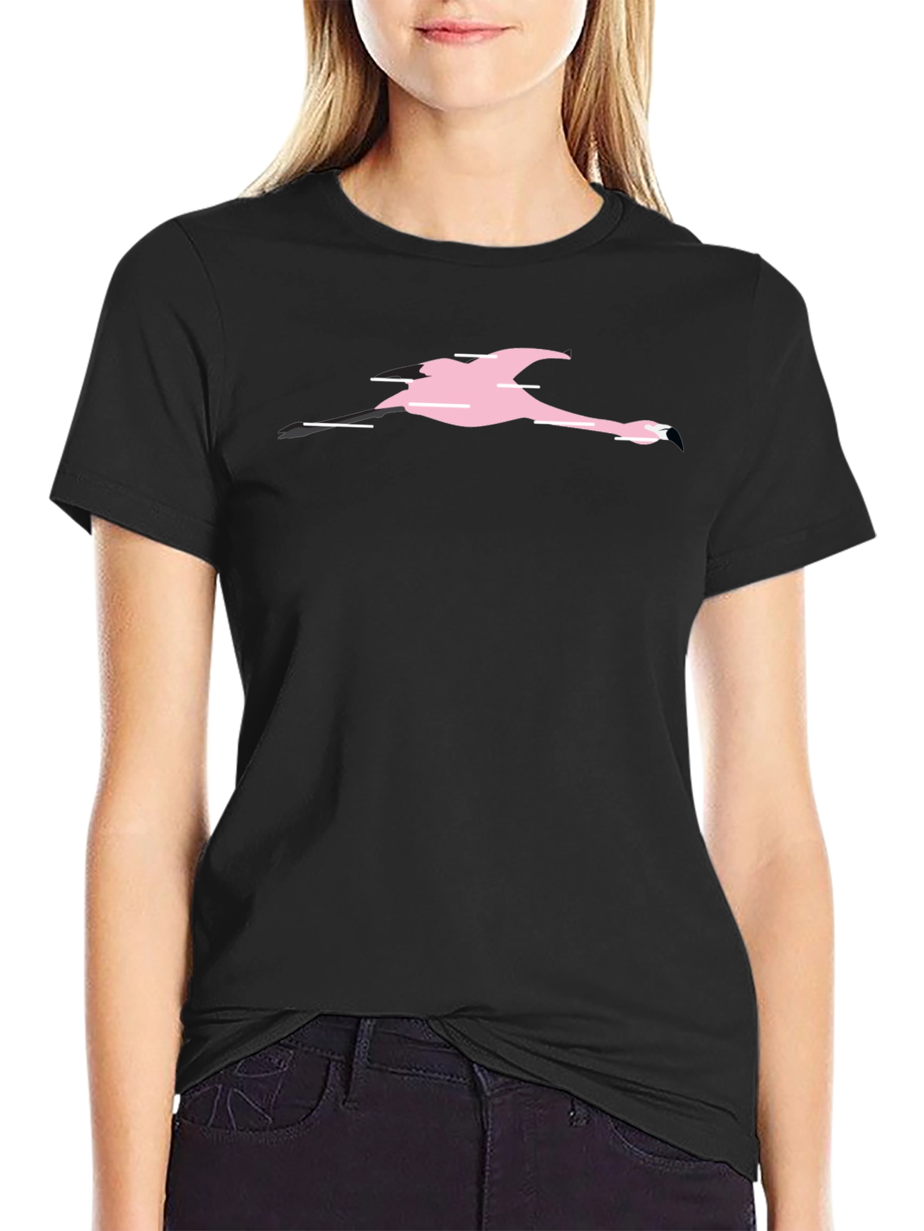 Black Black T-Shirt with Pink Flamingo Graphic view 2