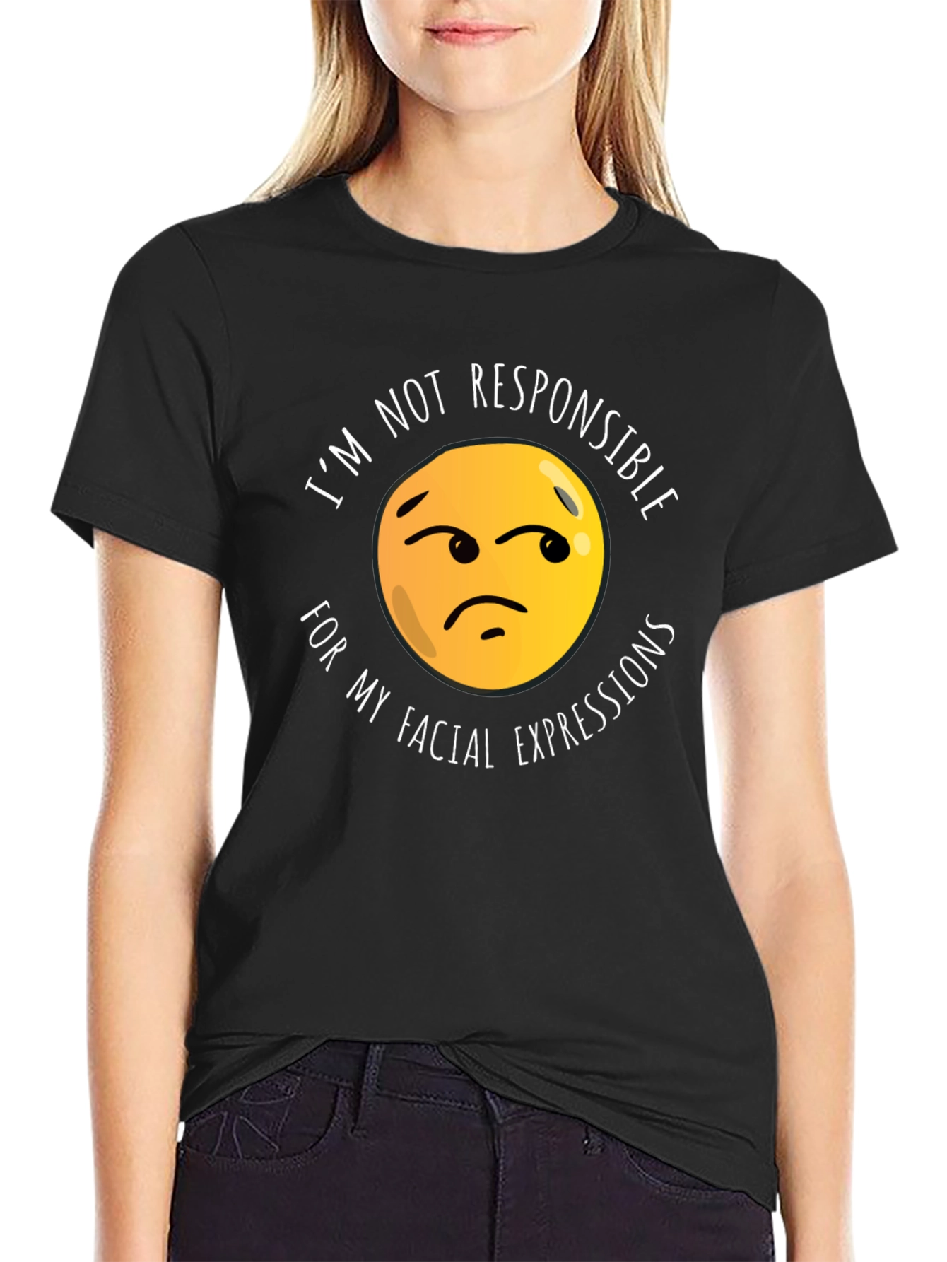 Black Funny Facial Expression Emoji Graphic T-Shirt - Black view 2