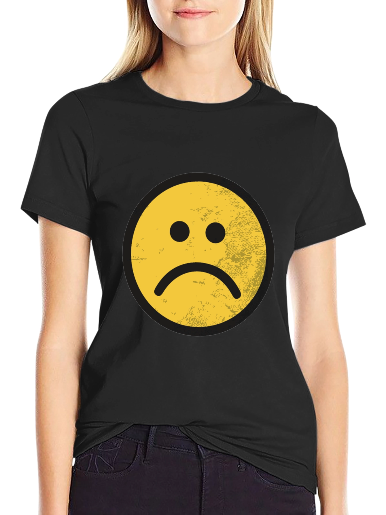 Black Sad Face Graphic Tee - Black Cotton Blend view 2