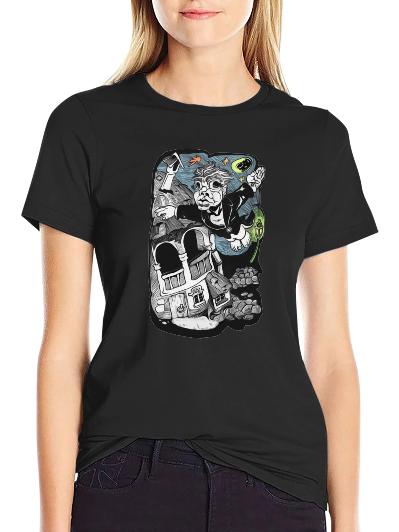 Black Surreal Cartoon T-Shirt - Black Cotton view 2