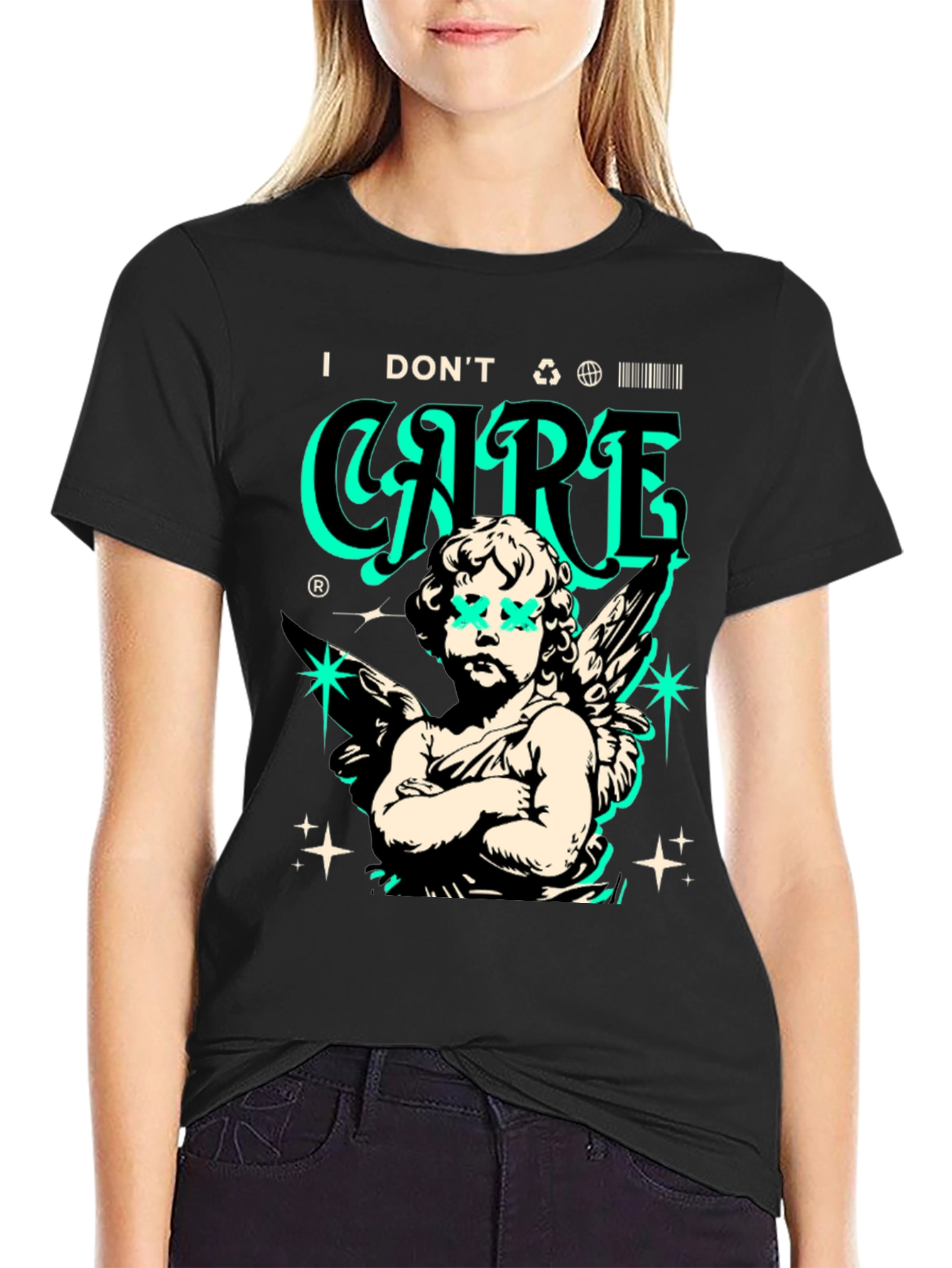 Black Edgy Angel Graphic T-Shirt - Black Cotton Tee view 2