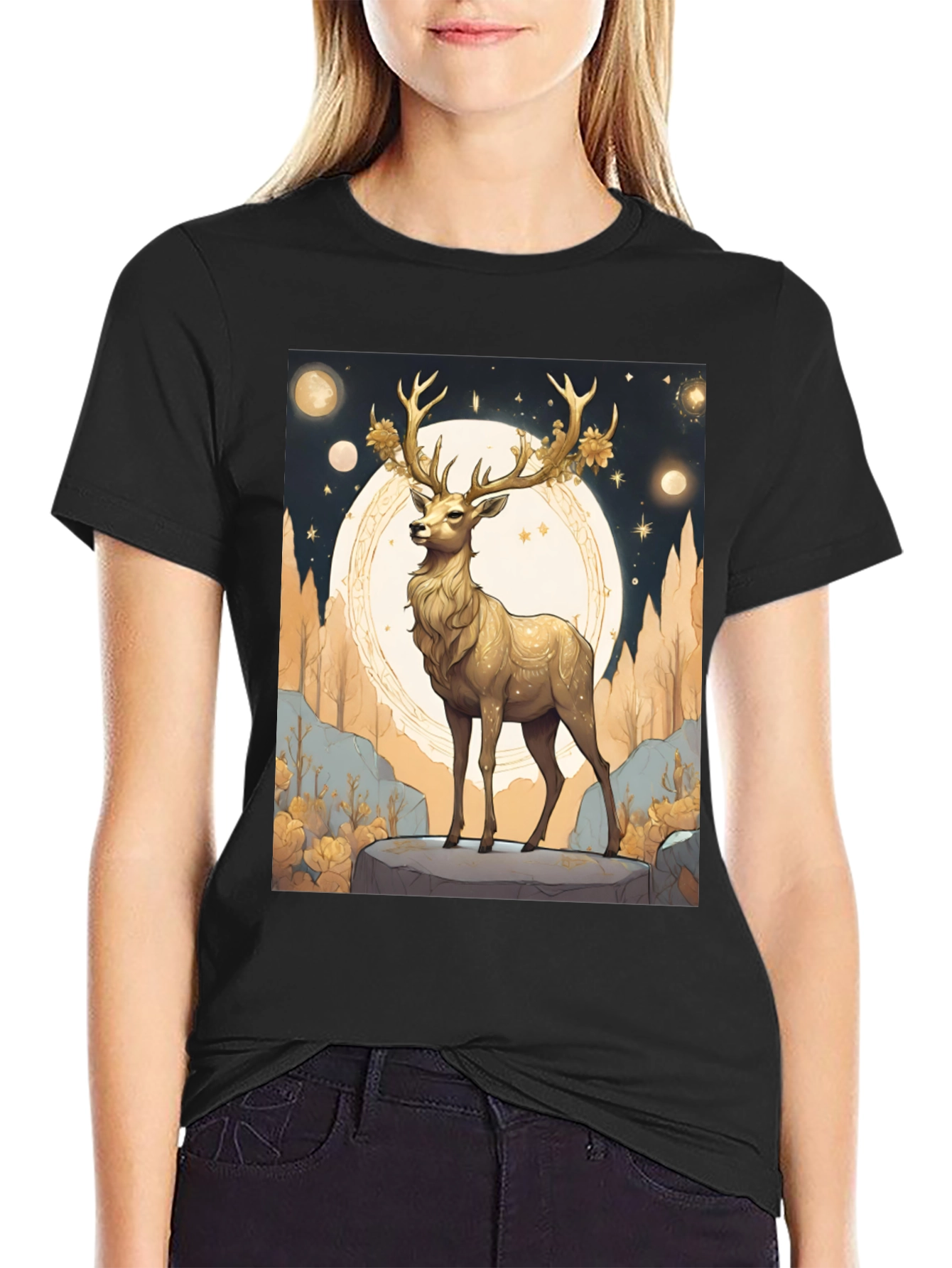 Black Golden Deer Graphic Tee - Celestial Stag Design view 2