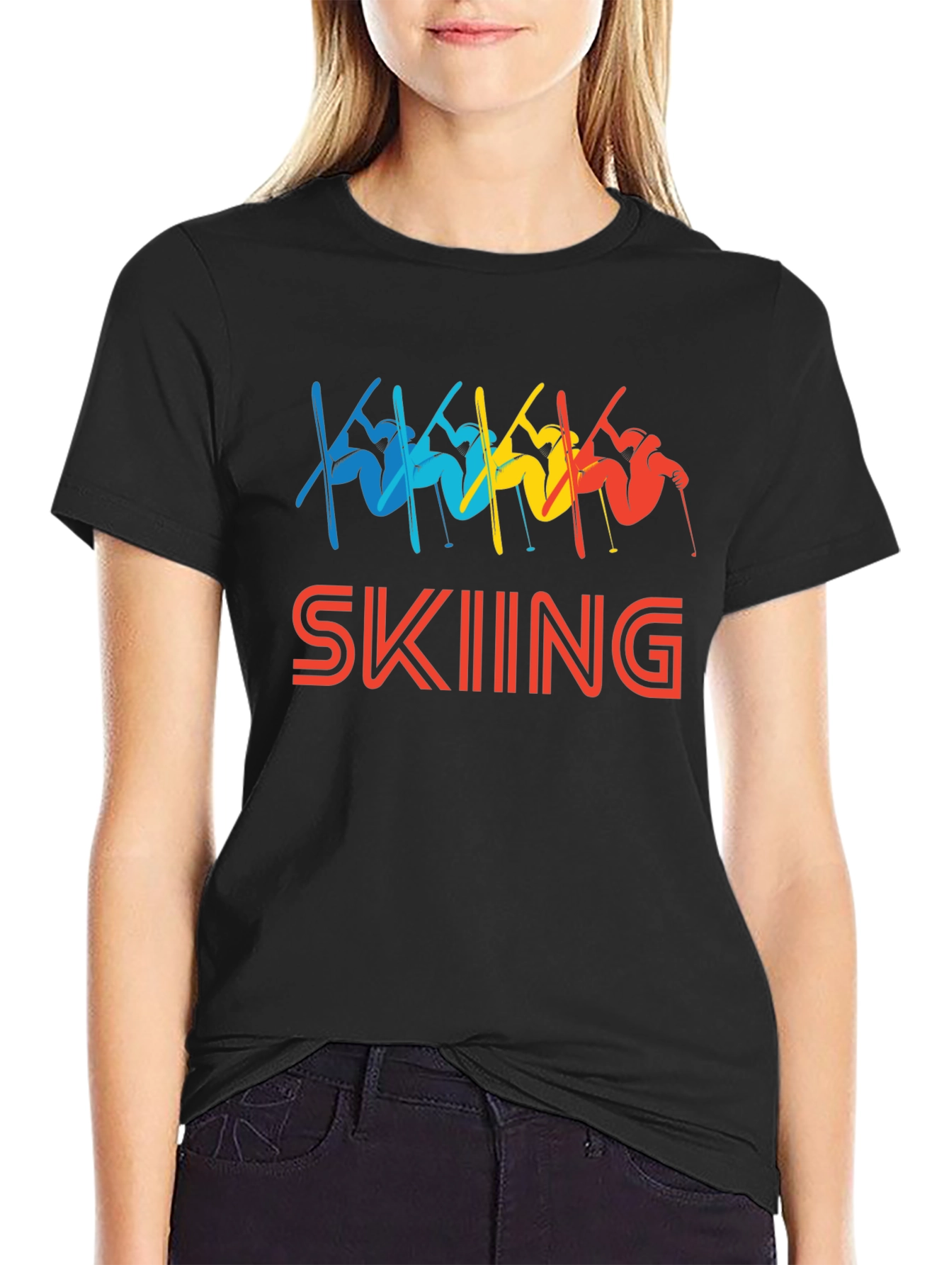 Black Retro Skiing T-Shirt - Colorful Winter Sport Tee view 2