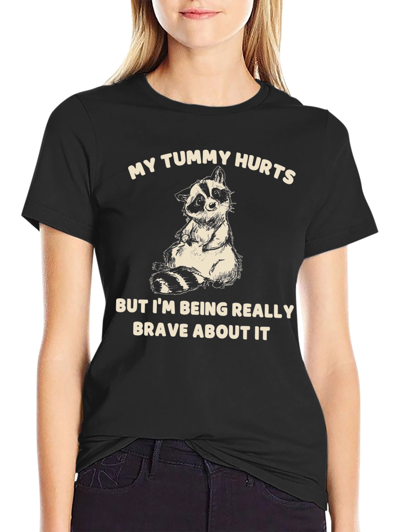 Black Funny Raccoon T-Shirt - My Tummy Hurts Brave Graphic Tee view 2