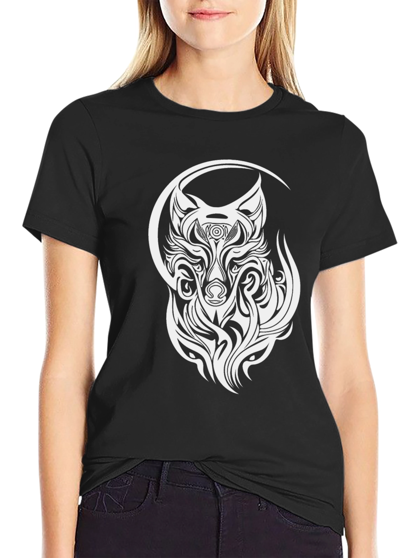 Black Wolf Tribal Design T-Shirt - Black view 2