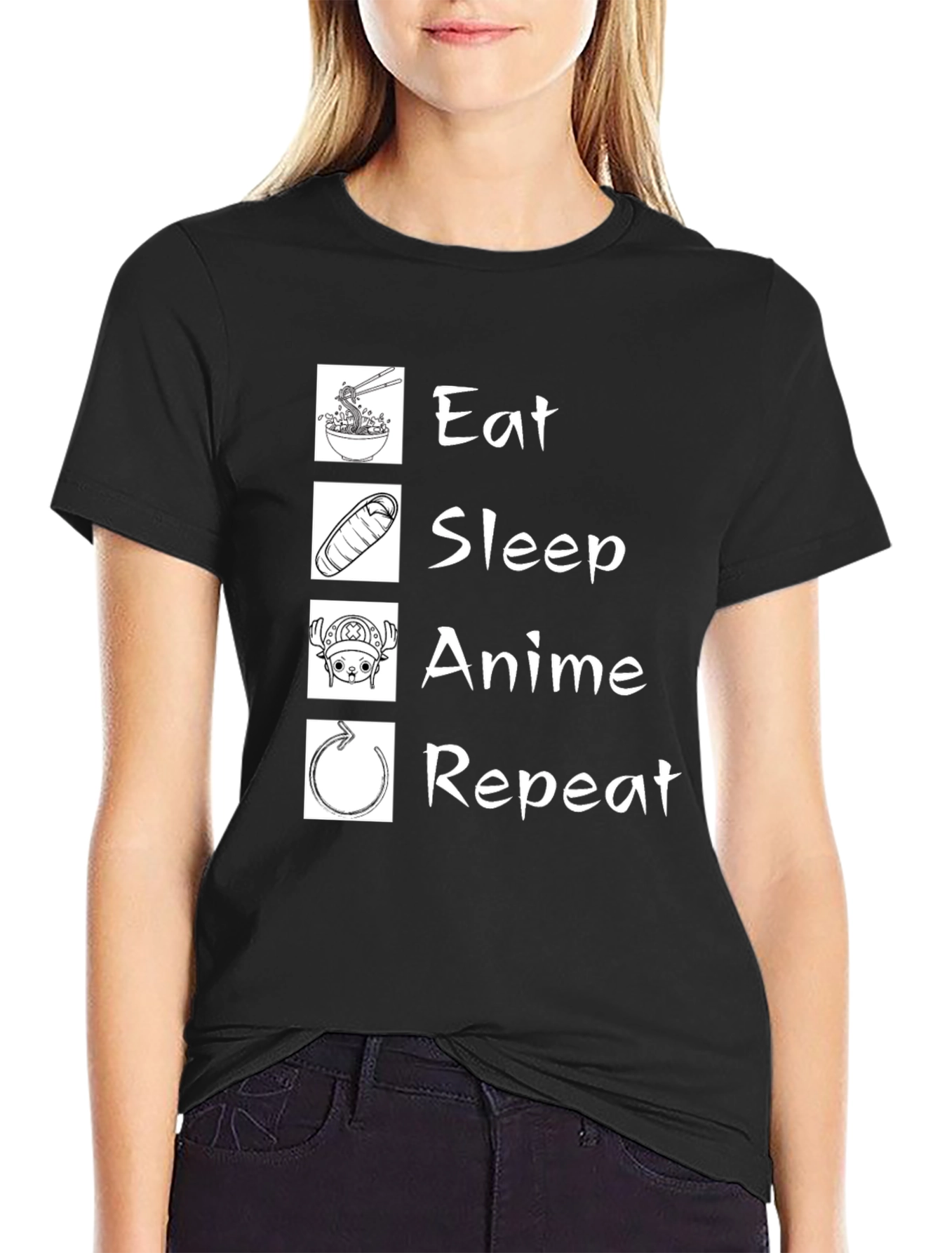 Black Eat Sleep Anime Repeat T-Shirt - Black Cotton Graphic Tee view 2