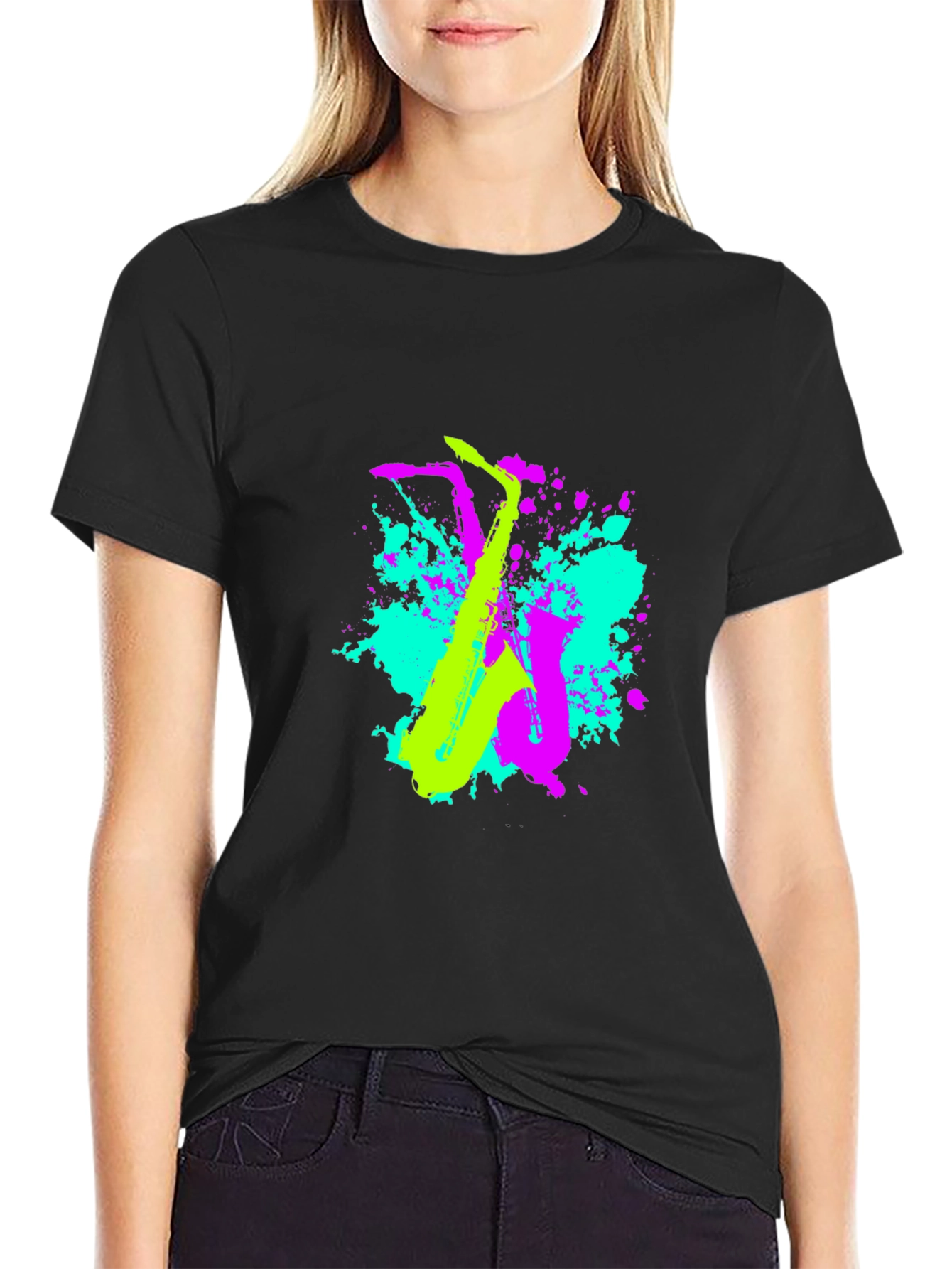 Black Neon Saxophone Graphic T-Shirt - Music Lover's Tee view 2