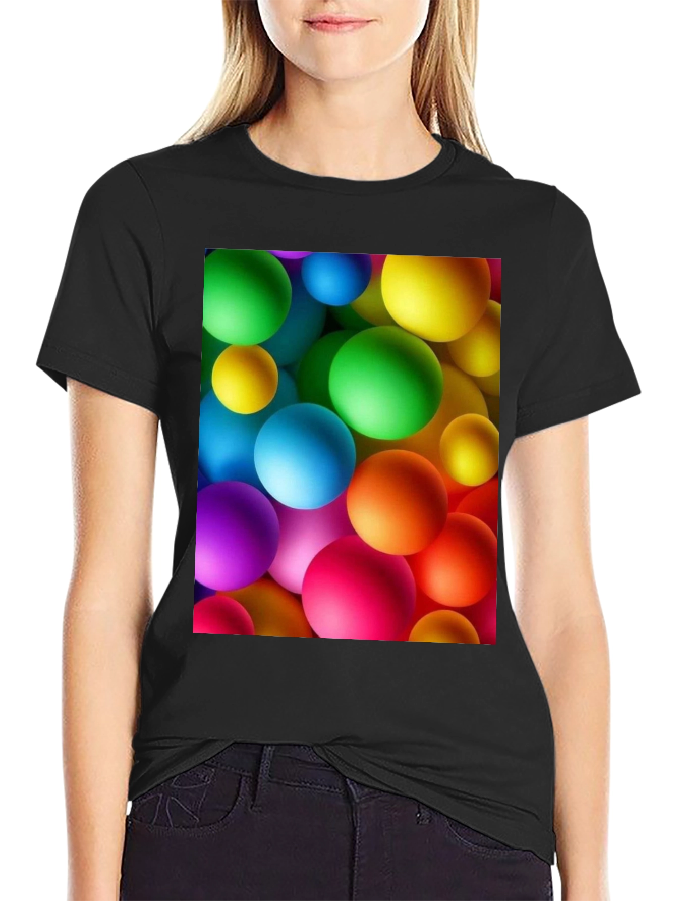 Black Colorful Spheres Graphic Print Black T-Shirt view 2