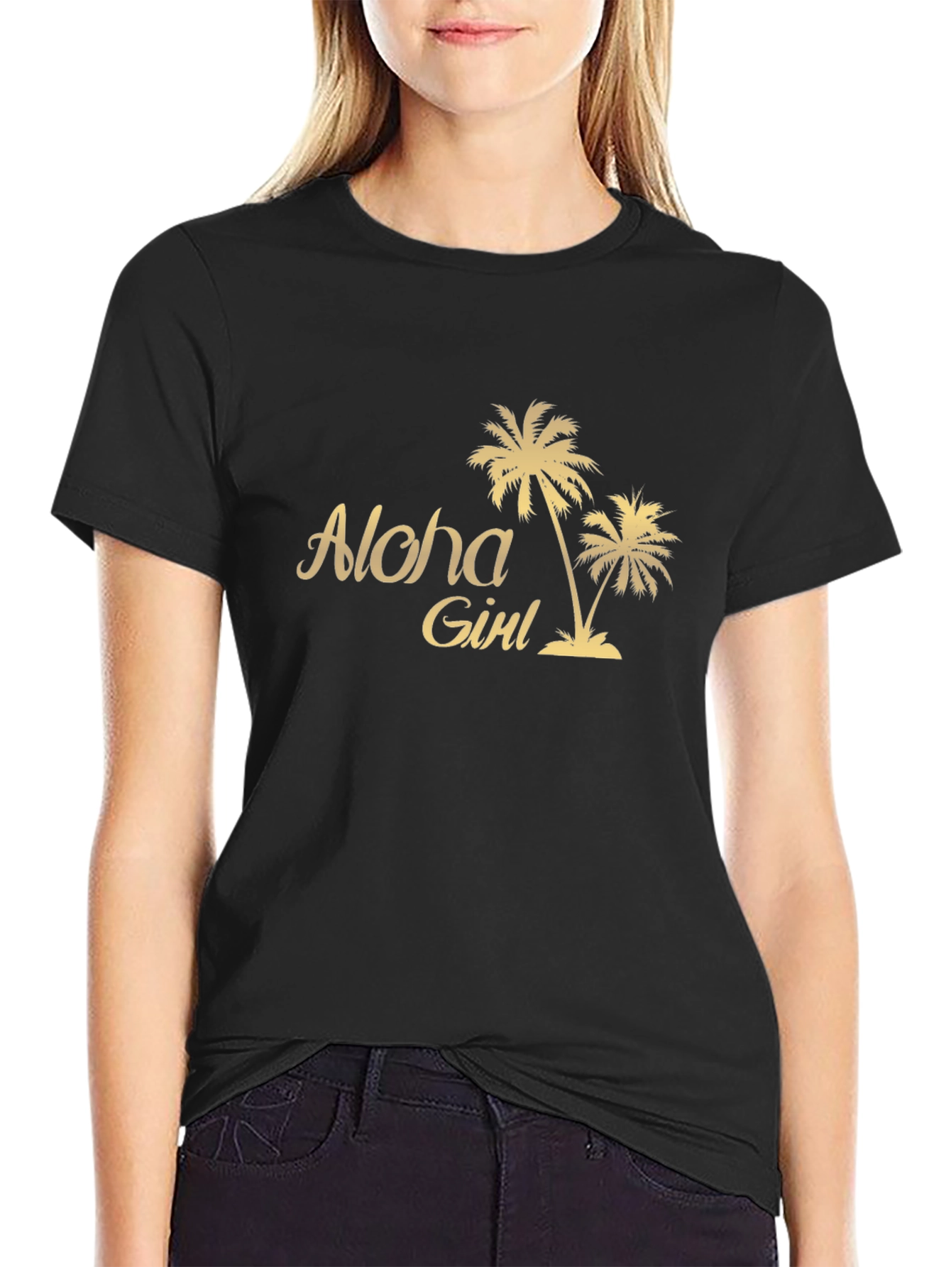 Black Aloha Girl Graphic Tee - Tropical Palm Tree T-Shirt view 2