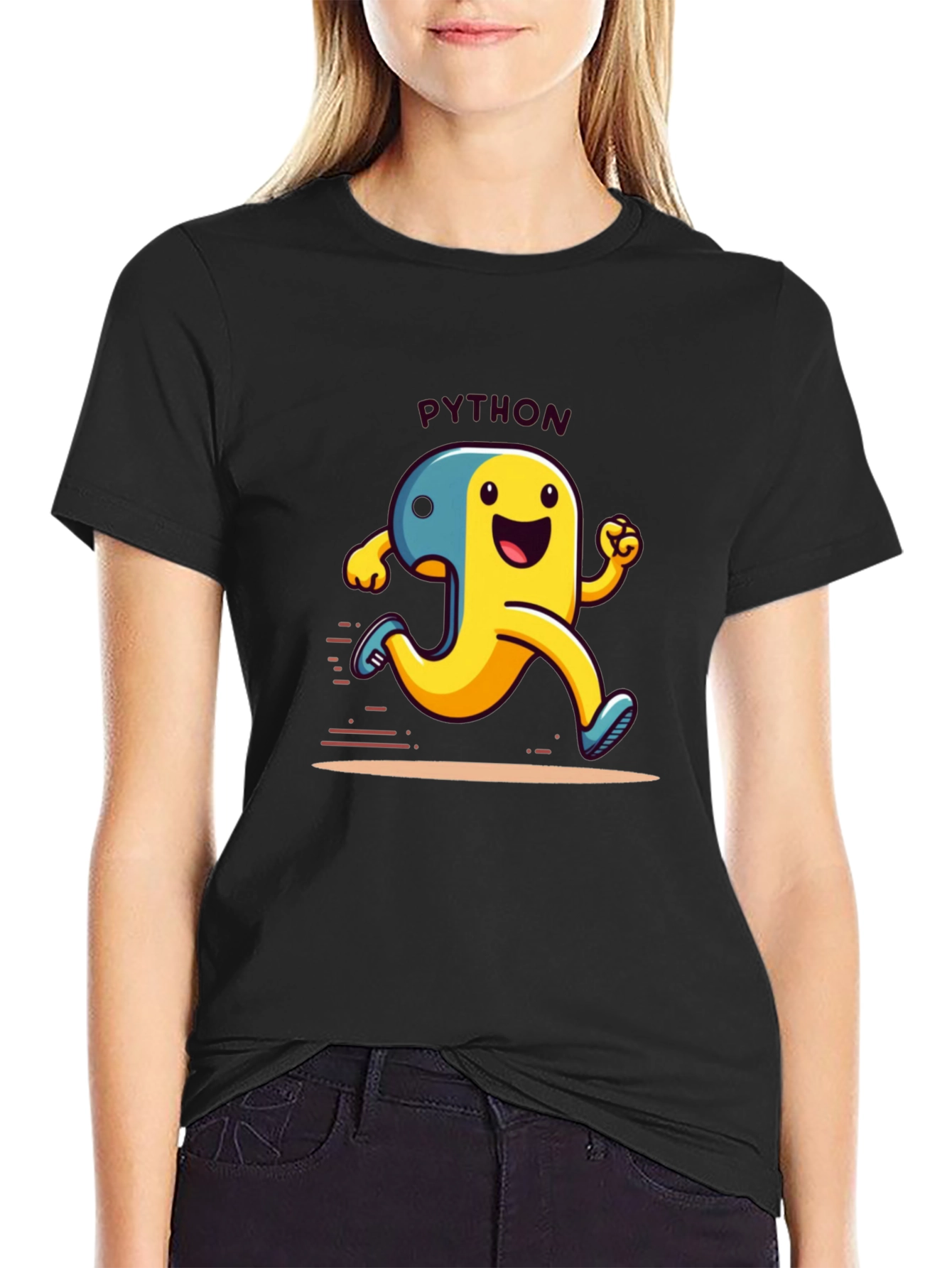 Black Python Programmer Cartoon Black T-Shirt view 2