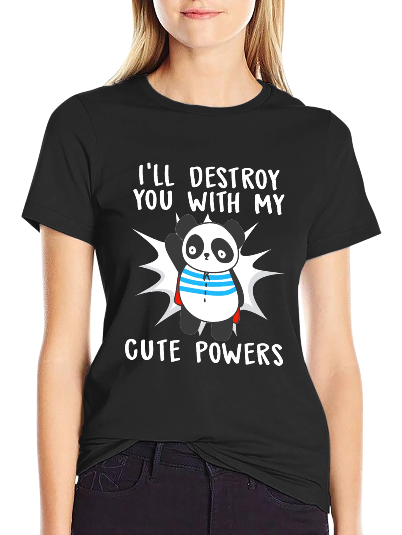 Black Cute Panda Powers T-Shirt - Funny Cartoon Tee view 2