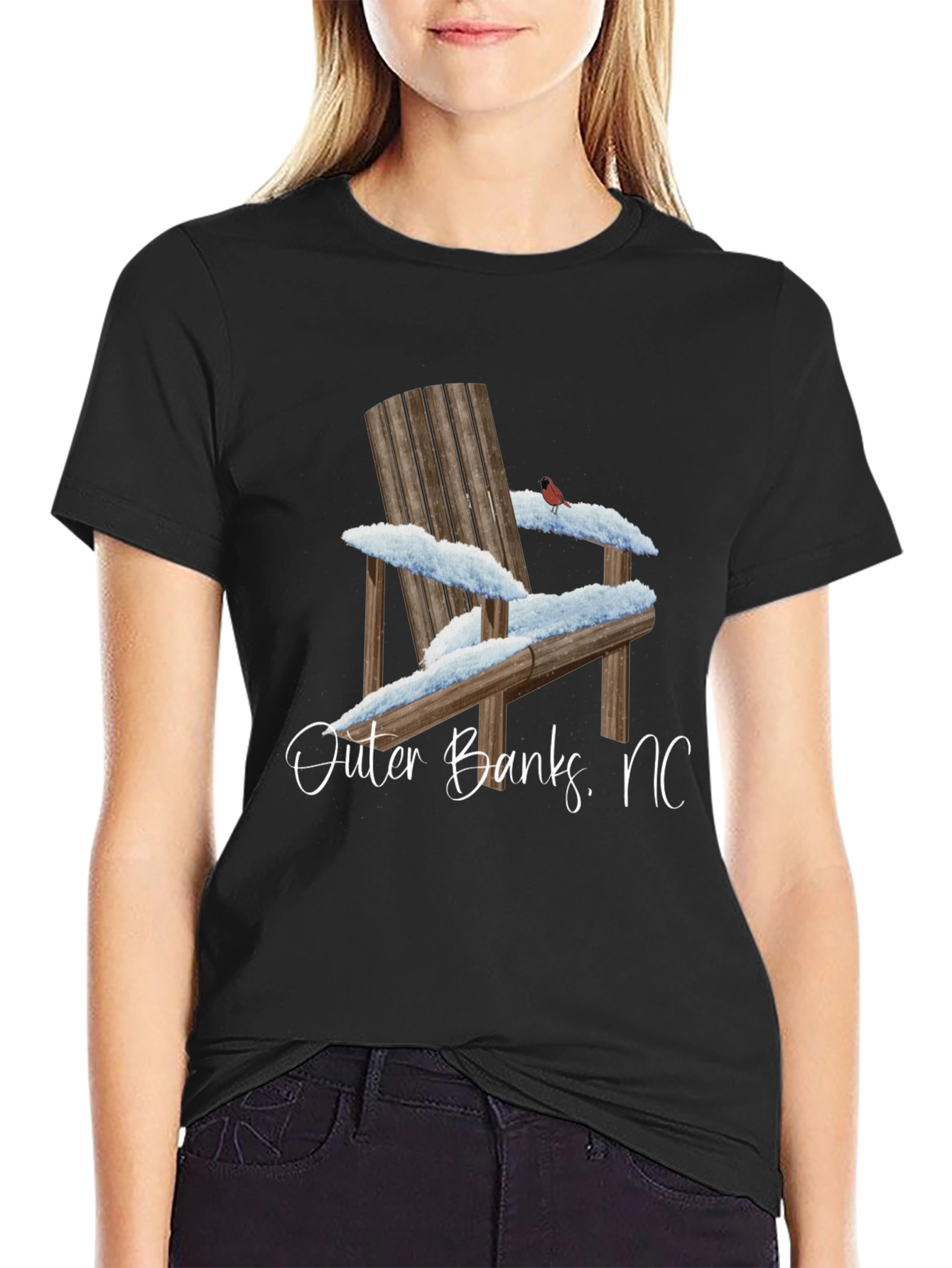 Black Outer Banks NC Winter Adirondack Chair Graphic T-Shirt view 2