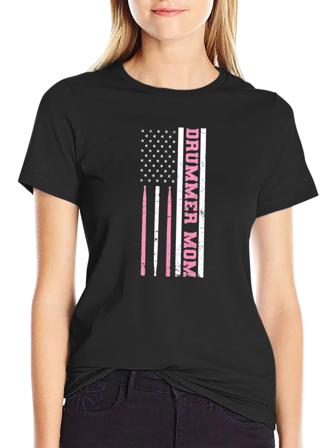 Black Drummer Mom USA Flag T-Shirt view 2