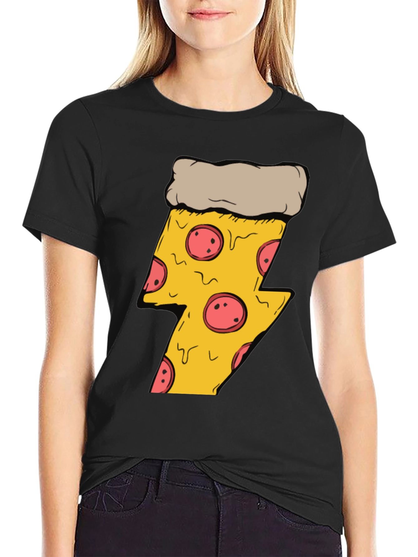 Black Pizza Lightning Bolt T-Shirt - Black Cotton Tee view 2