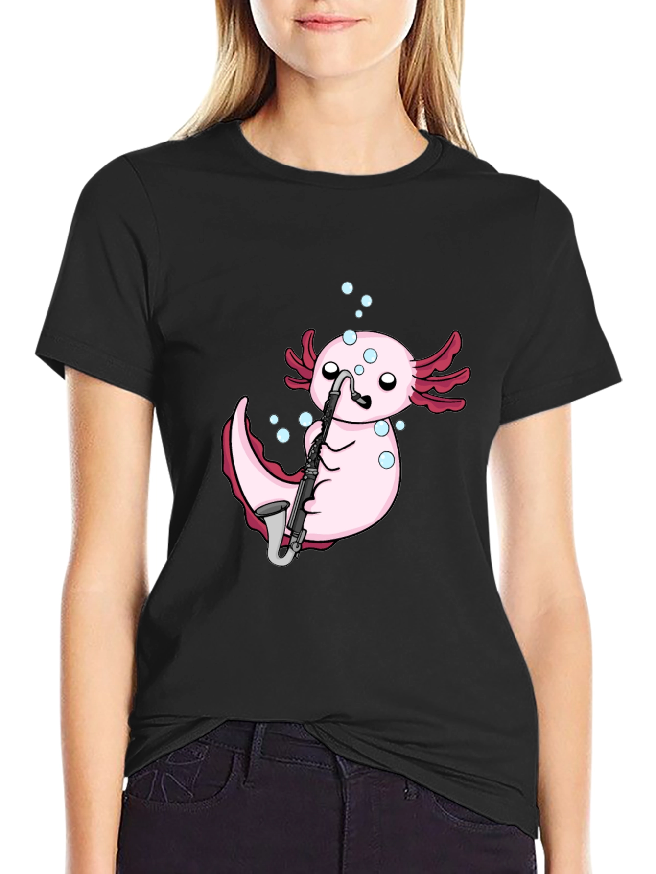 Black Axolotl Saxophone Black T-Shirt view 2