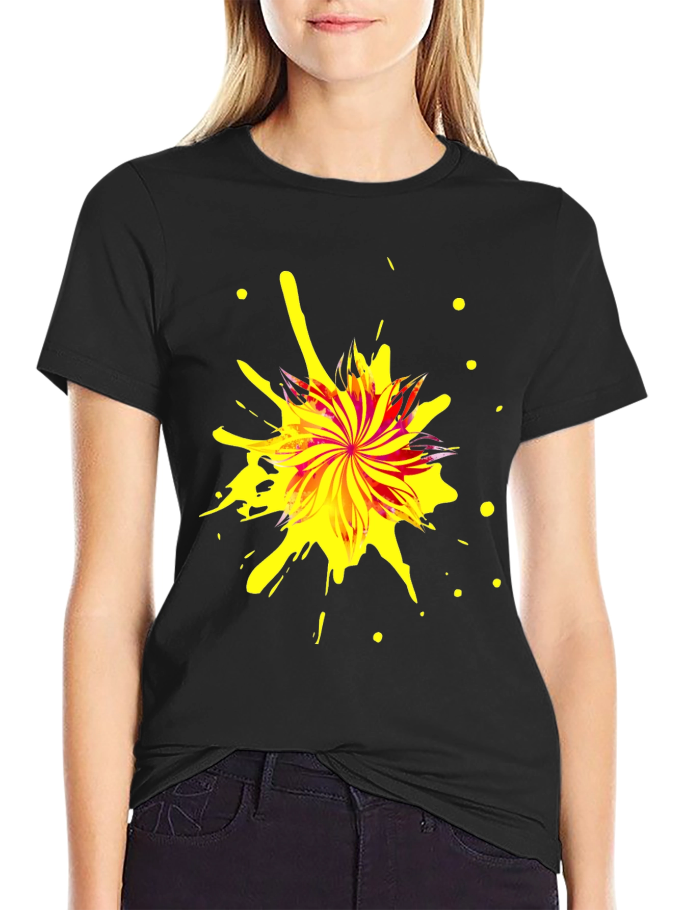 Black Abstract Splatter Print Black T-Shirt view 2